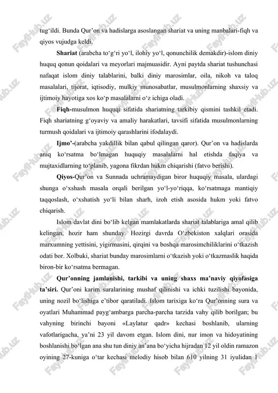a biz u (qur’on)ni qadr kechasida nozil qildik. (ey muhammad) qadr kechasi nima ekanini sizga ne ham anglatur?! qadr kechasi ming oydan yaxshiroqdir?!» (97,1-3). diniy ma’lumotlarda muhammad payg‘ambarga vahy kela boshlagandan so‘ng, ularning qalblariga mustahkamlanib qolgan, alloh ularga targ‘ibot boshlashga da’vat qilganlari to‘g‘risida qur’onda bor. qur’onning 73-«muzzammil» («o‘ralib olgan») va 74-«muddassir» («burkalgan») nomli suralaridagi dastlabki oyatlarida o‘z ifodasini topgan. muzzammil-o‘ralib olgan, ya’ni biron narsadan qo‘rqqan kishi arablar odati bo‘yicha kiyim yoki to‘shaklariga o‘ralib olishga harakat qilar ekan. payg‘ambarimiz (s.a.v.) ham mushriklarning bergan aziyatlaridan xafa bo‘lib yotganlarida, shu suraning oyatlari nozil bo‘lgan deyiladi. unda rasul (a.s.)ga alloh taolo tungi ibodat qoidalaridan ta’lim beradi. tunni faqat uyqu bilan ham emas yoki faqat ibodat bilan ham emas, balki har ikkisiga ham ma’lum vaqt ajratish to‘g‘risidagi ko‘rsatma beriladi. islom manbalarida rivoyat qilinishicha, muhammad payg‘ambar 40 yoshga yetganlarida, ya’ni 610 yili makka shahri yaqinidagi hiro nomli g‘orda yolg‘iz qolib, ibodat bilan mashg‘ul paytlarida, farishta jabroil …