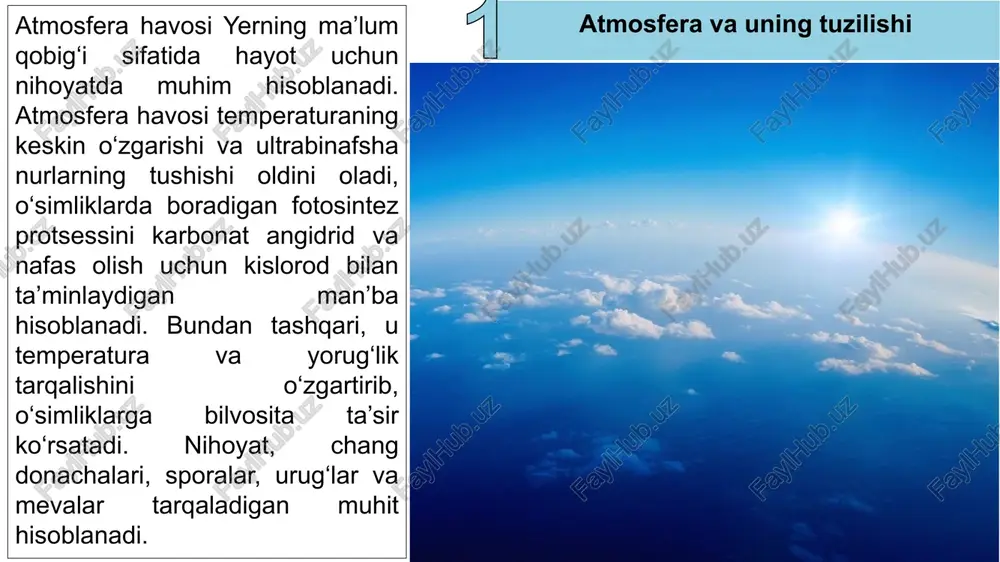 anadi. juda ko‘p organizmlar oksidlanishni anaerob sharoitda amalga oshiradi. anaerob bijg‘ish protsessi deyarli barcha boshqa metabolizm formalari asosida yotadi. atmosferadagi kislorod 1,2-1015 t atrofida bo‘ladi. bu zapas har yili produtsentlar fotosintezi hisobiga 70-109 t kislorodga to‘lib boradi, shundan 55-109 t kislorod o‘rmonlardan ajralib chiqadi. lekin planetada butun yuzasida o‘sadigan o‘simliklardan atmosferaga unchako‘p bo‘lmagan miqdorda kislorod ajralib chiqadi. planetadagi barcha o‘rmonlardan atmosferaga ajralib chiqadigan kislorodning yillik yig‘indisi butun kislorod zapasining 1/22000 qismini tashkil qiladi (larxer, 1978). shuning uchun atmosferada mavjud bo‘lgan kislorod asosiy rol o‘ynaydi. shunday qilib, yashil o‘simliklar fotosintez protsessida atmosferadagi o2 ning co2 ga nisbatini oshiradi. shuni qayd qilish kerakki, kislorodning bu xilda to‘planish samaradorligi mikroorganizmlar, hayvonlar, yashil va yashil bo‘lmagan o‘simliklarning nafas olishi hisobiga bir oz pasayadi. shuning uchun atmosferadagi co2 bilan o2 ning oxirgi balansi ko‘p jixatdan organizmlarning hayot faoliyati yig‘iidisiga bog‘liq bo‘ladi. atmosferadagi kislorod miqdori cheklangan yoki limitlangan faktor emas, chunki hamma vaqt o‘simliklarning yer ustki …