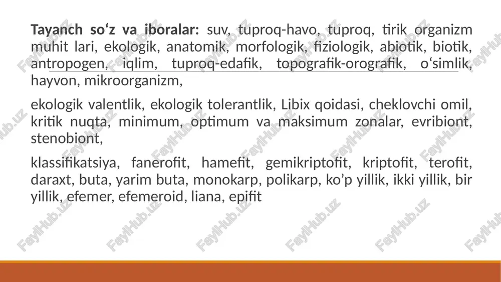 bilan tuproq temperaturasi sekin-asta ko’tariladi va odatda, normal darajada bo‘ladi. temperatura 38°c dan yuqori bo‘lgan-da, ayniqsa, nam kam bo‘lsa, o‘simlik qizib ketadi. temperatura 1- 2°c bo‘lsa, g‘o’za nixollarini sovuq uradi. kuzdagi 3-4°c sovuq ham g‘o’zani nobud qiladi. shunday qilib, g’o’za o‘simligining vegetatsiya davomida minimum nuqtadan haroratni 1-4°c pasayishi uni nobud bo‘lishiga olib keladi. 14-16°c dan 38°c gacha oraliqdagi temperatura o‘simlik usishi uchun qulay, undan yuqorisi esa, noqulay hisoblanadi. g‘o’za o‘simligi uchun maksimum nuqta 46-47°c deb qarash mumkin. muhitning biror omilga keng doirada moslashgan turlari "evri" old qo‘shimchasini qo‘shish yoki tor doirada moslashgan turlari "steno" qo‘shimchasini qo‘shish bilan nomlanadi. masalan, evriterm, stenoterm (temperaturaga nisbatan), evrigal, stenogal (shurlanishga nisbatan), evribat, stenobat (bosimga nisbatan) va xokazo. organizmning omilga nisbatan kritik nuqtalar orasidagi chidamlilik chegarasi uning ekologik valentligi deyiladi turli ekologik omillarga nisbatan ekologik valentliliklar yig‘indisi turning ekologik spektri deyiladi. masalan, o‘simlikning sho‘rlik, qurg‘oqchilik va yuqori temperaturaga moslashuvi uning ekologik spektrini tashkil etadi. har …