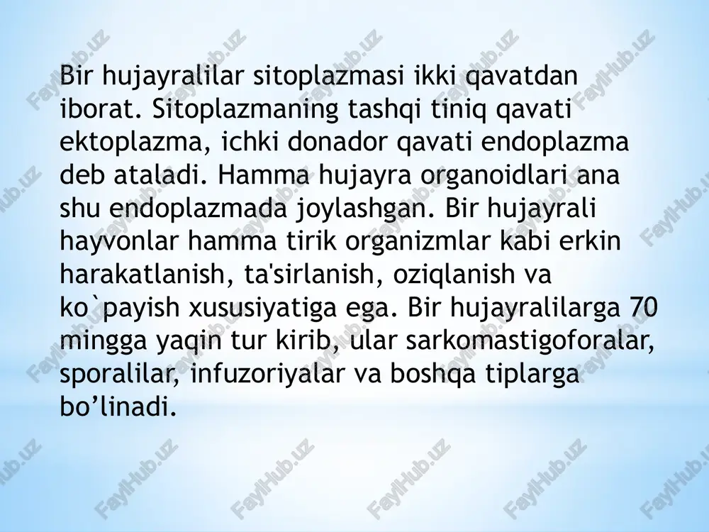 obiq hosil qilib sistaga aylanadi. sista amyobani noqulay sharoitdan himoya qilishi bilan birga u shamol va chang zarralari orqali tarqalishiga ham imkon beradi. qulay sharoit kelishi bilan sista yorilib, undan amyoba chiqadi va uning hayoti davom etadi. amyobaning ko’payishi sarkodalilarning xilma-xilligi. amyobalar orasida odam va hayvonlar organizmida parazitlik qilib yashaydigan turlari ham bor. ichburug` amyobasi (entomoeba histolitica) juda mayda, 0,04 mm bo`lib, kalta to`mtoq soxta oyoqlar hosil qiladi. amyoba odam yo`g`on ichagining shilimshiq pardasiga kirib oladi va ko`payadi. o`sib yetishgan amyobalar sistaga aylanib, ichak bo`shlig`iga tushadi. u yerdan axlat bilan tashqariga chiqib ketadi. bir kecha-kunduzda kasal odam ichagidan amyobaning 300 mln ga yaqin sista chiqishi mumkin. parazit amyobalar qoramollar, it, ot, cho`chqa, va boshqa hayvonlarning ichagi va kasallangan tishlarida, shuningdek, asalarilarning ayirish organlari naychalarida ham topilgan. parazit amyobalar sistalar orqali yuqadi. hamma amyobalar bitta turkum (amoebina)ni tashkil qiladi. sarkodalilar sinfiga 11 mingdan ortiq tur kiradi. sarkodalilar sinfiga amyobalardan tashqari chuchuk …