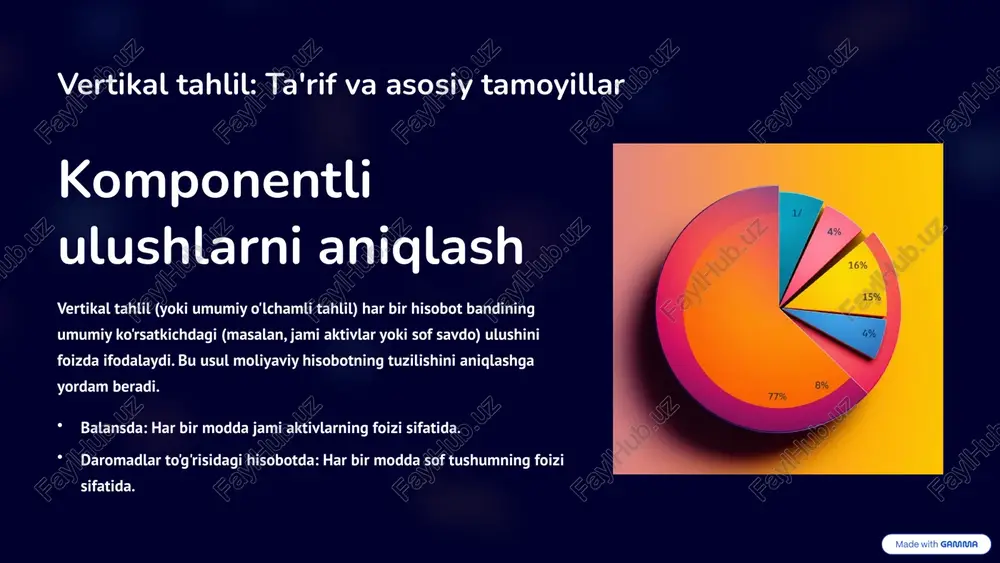 usan, giperinflatsiya sharoitida, pulning xarid qobiliyatini hisobga olmaslik xatodir. faqat bir usulni qo'llash vertikal va gorizontal tahlillardan birini ishlatish to'liq rasm bermaydi. har doim ikkalasini ham integratsiya qilish kerak. 9 xulosa va asosiy tavsiyalar vertikal tahlil: fokus — strukturaviy samaradorlik kompaniya resurslari qanday taqsimlanganini va xarajatlar tushumga nisbatan qanchalik samarali ekanligini tushunish uchun doimiy ravishda bajarilsin. gorizontal tahlil: fokus — dinamik rivojlanish kompaniyaning o'sish sur'atlari va moliyaviy trendlarining barqarorligini baholashda asosiy vositadir. integratsiyalashgan yondashuv kompleks moliyaviy tushunchaga erishish va strategik qarorlar qabul qilishda ikki usulni birgalikda qo'llash majburiydir. 10 image-1002-1.png image-1002-2.png image-1-1.png image-1003-1.png image-1003-2.png image-2-1.png image-2-2.svg image-2-3.png image-2-4.svg image-2-5.png image-2-6.svg image-1004-1.png image-1004-2.png image-3-1.png image-1005-1.png image-1005-2.png image-1006-1.png image-1006-2.png image-5-1.png image-5-2.png image-1007-1.png image-1007-2.png image-1008-1.png image-1008-2.png image-7-1.png image-7-10.png image-7-11.png image-7-12.svg image-7-2.png image-7-3.svg image-7-4.png image-7-5.png image-7-6.svg image-7-7.png image-7-8.png image-7-9.svg image-1009-1.png image-1009-2.png image-8-1.png image-1010-1.png image-1010-2.png image-9-1.png image-9-2.png image-9-3.png image-9-4.png image-9-5.png image-9-6.png image-1011-1.png image-1011-2.png