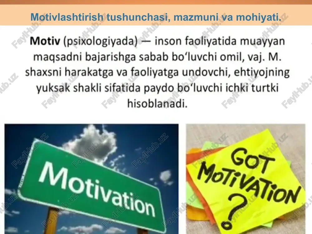 otivatsiya bilan ifodalanadi. m = (mh-n)(n-r)q v.brun nazariyasi motivlashtirish modellari motivlashtirish nazariyasiga asoslanib, uning turli modellari ishlab chiqilgan va amaliyotda qo’llanilib kelinmoqda. ularning asosiylari quyidagilar: oqilona (ratsional) model insoniy munosabatlarni motivlashtirish modeli kompleks motivlashtirish modeli oqilona (ratsional) modelda kishilarni motivlashtirish uchun moliyaviy dastak mukofot va jazo qo’llaniladi. bu “qand” va “qamchi” taktikasidir. ba’zi hollarda bunday yondashish to’g’ri bo’lar, lekin uning samarasi juda qisqa bo’ladi. boshqa hollarda esa u kishilar o’rtasidagi munosabatlarga putur yetkazib, uzoq muddatga ta’sir qilishi mumkin. jazo baholash, ijroni yaxshilash mukofot motivlashtirish modellari motivlashtirish so’zi rahbarlar tiliga tushmasidan ancha avval tashkilot vazifalarini muvaffaqiyatli bajarish uchun odamlarga ataylab ta’sir o’tkazish mumkinligi yaxshi ma’lum bo’lgan. bunda «qamchi» va «qand» usuli birinchi bo’lib qo’llangan usullardan edi. f.teylor va uning zamondoshlari «kundalik ish normasi» tushunchasini xolisona belgilab, ko’proq mahsulot ishlab chiqargan kishilarning mehnati uchun ularning qo’shgan hissasiga mutanosib ravishda haq to’lashni taklif qilish orqali «qamchi» va «qand» usulidagi motivlashtirishni targ’ib qildilar. motivlashtirishning …