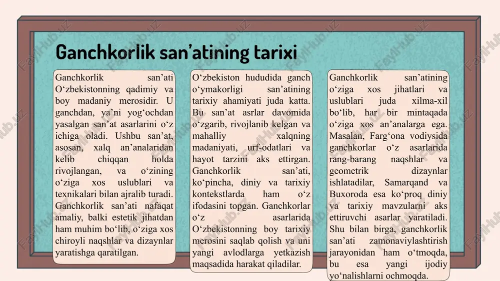 r kiradi. ularning uslublari o'ziga xos bo'lib, rang-barang tasvirlar va murakkab naqshlar bilan ajralib turadi. masalan, abdullayev o'zining ganch o'ymakorlik asarlarida o'ziga xos geometrik shakllar va tabiiy elementlarni birlashtirgan. ganch o'ymakorlik maktablarining o'ziga xos xususiyatlari, avvalo, ularning an'anaviy texnikalari va materiallardan foydalanishidir. o'zbek ganchkorlari ko'p hollarda tabiiy yog'och va rang-barang ranglar bilan ishlaydi, bu esa ularning ishlariga o'ziga xos go'zallik va ma'no kiritadi. shuningdek, bu maktablar o'zlarining yuksak sifatli hunarmandchilik mahsulotlari bilan mashhur. mashhur ganch o'ymakorligi ustalari o'zbekistonda ganchkorlik san'ati juda qadimiy va boy tarixga ega. mashhur ganch o'ymakorlari, masalan, alisher usmonov, o'z asarlarida an'anaviy naqshlarni zamonaviy uslubda yoritishadi. ular o'z mehnatlari orqali ganchkorlik san'atining go'zalligini va murakkabligini namoyish etadilar. o'zbek ganchkorlarining asarlari nafaqat mamlakat ichida, balki xalqaro sahnada ham tan olinadi. ustalar va ularning o'quvchilari o'rtasidagi aloqalar ganchkorlik san'atining rivojlanishida muhim rol o'ynaydi. ustalar o'z bilimlarini va tajribalarini o'quvchilarga yetkazishda ularning o'sishini ta'minlaydilar. o'quvchilar esa ustalar tomonidan berilgan saboqlardan …