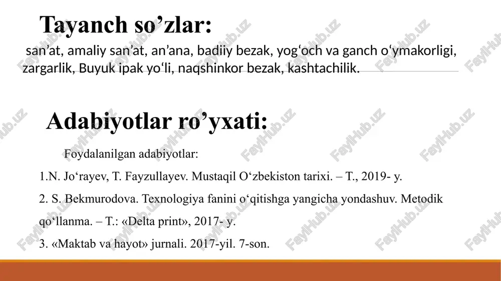 hovuzlar)da saqlanadi, soyada quritiladi. 4.kandakorlik kandakorlik — amaliy sanʼat turi; oʻymakorlikning metall buyumlarni oʻyib, chizib naqsh, tasvir ishlash sohasi. buyumlarni bezashda kandakori (oʻyib, kesib), qolipaki (qolip yordamida), simkori (simdan foydalanib), shuningdek, buyumlarning qismlari (qopqoq, dasta va b.) va ikki qavatli buyumlarni bezashda shabaka (panjarali qilib ishlash) usullari qoʻllaniladi, anʼanaviy o‘simliksimon (islimiy) va handasiy (girih) naqshlardan mujassamotlar yaratiladi. naqsh yoki tasvir zamini poʻlat qalam (asbob)lar yordamida chuqur yoki sayoz oʻyiladi, zamin sayoz oʻyilganda rangli loklar bilan boʻyaladi, pardozlanadi, chekma, uyma, katak, parallel kesma chiziqlar bilan jilo beriladi. 5.zargarlik zargarlik — badiiy hunarmandlik sohasi; oltin, kumush, mis, qalay kabi rangli metallardan zeb-ziynat buyumlari (taqinchoqlar), bezak buyumlari yasash kasbi. zargarlar bezak buyumlari tayyorlashda quyish, bolgʻalab (zarb berib) yasash, hallash (oltin va kumush suvi yuritish), oʻyib yoki boʻrttirib naqsh yasash, bosma, zigʻirak (zargarlik)|zigʻirak], sovotkori, qolipaki, shabaka kabi usullardan keng foydalanadi. 6.kashtachilik kashtadoʻzlik, kashtachilik — kashta tikish kasbi, amaliy sanʼatning qad. sohalaridan biri. arxeologik topilmalar …