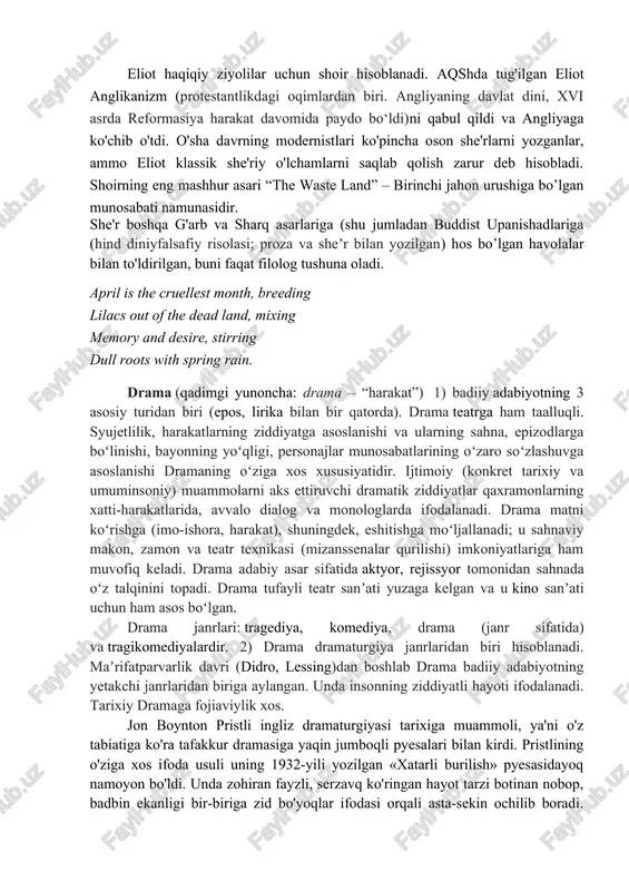 nyoni foydasiz shellian g'oyalari emas, balki aniq narsalardan iborat deb ko'rishga undashi” va freyd psixologiyasi bilan bog'lanish zarurligini ta'kidlagan. u shuningdek d.g.lourensni adabiyot dirijyori deb hisoblagan. william butler yeats (1865 yil 13 iyun - 1939 yil 28 yanvar) irland shoiri, dramaturg va yozuvchisi, 20-asrning koʻzga koʻringan adabiyot namoyandalaridan biri. u irlandiya adabiy tiklanishining harakatlantiruvchi kuchi bo'lgan va xonim gregori bilan abbey teatriga asos solgan va uning dastlabki yillarida uning direktori bo'lib ishlagan. u 1923 yil adabiyot bo'yicha nobel mukofotiga sazovor bo'ldi va keyin ikki muddat irlandiya erkin davlatining senatori sifatida ishladi. 20-asrning ingliz tilidagi eng buyuk shoirlaridan biri, o'z davrining boshqa ingliz mualliflaridan farqli o'laroq, o'zining irlandiyalik kelib chiqishini ta'kidladi. shoir asarlarida irlandiya mifologiyasi, madaniyati, qo‘shiqlari va personajlariga oid ko‘plab havolalar mavjud. yeats “an irish airman foresees his death” she'rida britaniya uchun jang qilishga majbur bo'lgan irlandiyalik askar nima deb o'ylashi haqida fikr yuritadi. i know that i shall meet …