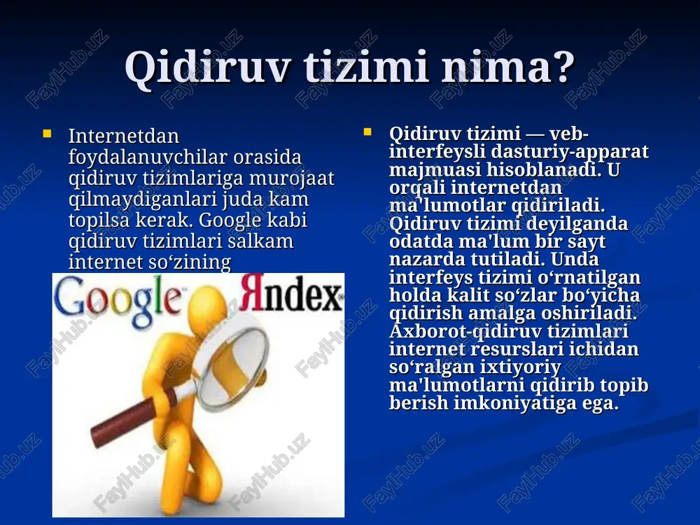 ida, foydalanuvchiga zarur bo‘lgan axborotni samarali qidirish va topish imkoniyatini beradi. www.uz dagi bo‘limlar ("katalog", "top-reyting", "jamlangan statistika" va "yangiliklar") foydalanuvchiga qator qulayliklarni yaratadi. "katalog" bo‘limida bevosita o‘zbekiston respublikasiga aloqador bo‘lgan, ro‘yxatga olingan, ularga tavsif berilgan hamda katalog mavzulari bo‘yicha saralangan veb-saytlar haqida ma'lumot berilgan. katalog foydalanuvchilari kerak bo‘lgan saytni yo‘nalishlar bo‘yicha (iqtisod, sport, madaniyat, yangiliklar va boshqalar) qidiruv orqali tezroq topishadi. saytlarning yo‘nalishlar bo‘yicha ruknlarga (moliya, siyosat, kino va hokazo yo‘nalishlarda) ajratilgani ham qo‘shimcha qulaylik beradi. internetdan foydalanishni o‘rgangan va uning samarasidan bahramand bo‘lishni istagan har bir shaxs qidiruv tizimlarining imkoniyatlaridan yaxshi xabardor bo‘lishi, undan foydalanish yo‘llarini puxta o‘zlashtirishi talab etiladi. bunda nafaqat jahon axborot resurslaridan, balki milliy segmentdan ham foydalana olishning ahamiyati katta. chunki o‘zbek internet dunyosi ham har kuni yuzlab, minglab foydali axborotlar bilan boyimoqda. ularni topish va batafsil tanishish uchun esa milliy axborot-qidiruv tizimlari ko‘magiga tayanishga to‘g‘ri keladi. axborot izlash jarayoni axborot izlash jarayoni internetda axborot …