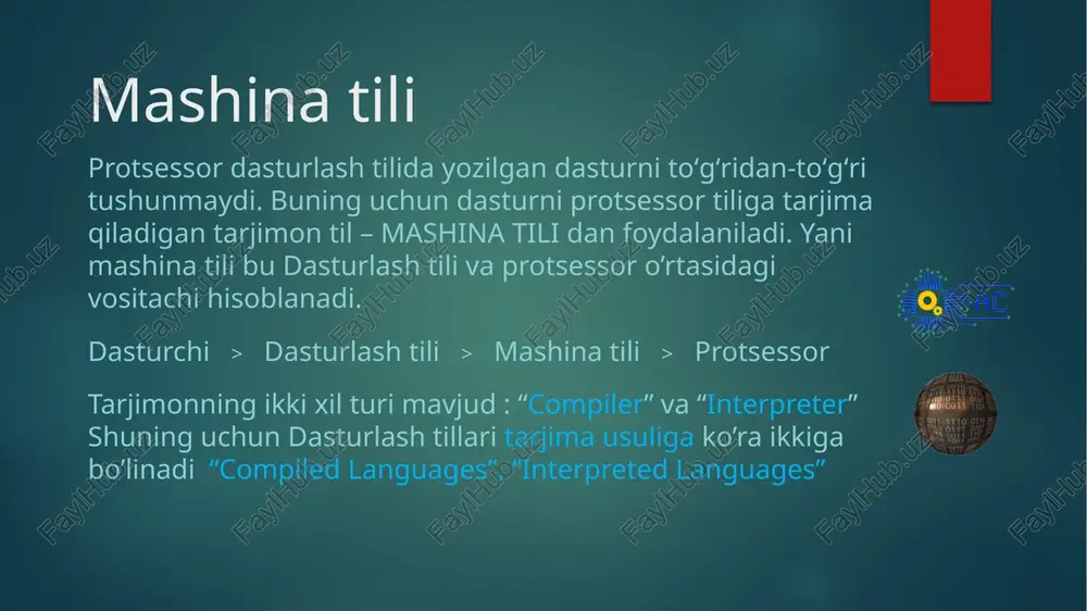 ilan o'zaro aloqada bo'lganda dasturlash tilining abstraktsiya darajasi. tilning turlariga izoh 5. programming paradigm : dasturlash paradigmalari aslida dasturchining dastur tuzish uslubi hioblanadi, lekin ba'zi tillar dasturlashning ma'lum bir usuli uchun boshqalarga qaraganda yaxshiroq mos keladi. dasturlash paradigmalari 2 - dars paradigma nima ? dasturlash paradigmasi - bu dasturchi dasturlarni loyihalash va amalga oshirishni belgilaydigan asosiy yondashuv yoki dasturlash uslubi. bu dasturchining muammoni hal qilish uchun kodni tuzish va tartibga solish usulini belgilaydigan printsiplar, usullar va tushunchalar to'plami. paradigma turlari protsedural dasturlash : bu paradigma muayyan vazifalarni bajaradigan protseduralar yoki funktsiyalarni yozishga va qadamlar ketma-ketligi orqali ma'lumotlarni manipulyatsiya qilishga qaratilgan. deklarativ dasturlash > bu paradigma dasturning qanday bajarilishi kerakligini ko'rsatmasdan mantiqni tavsiflashga qaratilgan. deklarativ dasturlash sql va html kabi tillarni o'z ichiga oladi. ob'ektga yo'naltirilgan dasturlash: bu paradigma ma'lumotlar va xatti-harakatlarni qamrab oluvchi classlar namunasi(instance) bo'lgan ob'ektlar tushunchasi atrofida aylanadi. ob'ektga yo'naltirilgan dasturlash qayta foydalanishga, inkapsulyatsiyaga va merosga(inheritance) qaratilgan. protsedural …