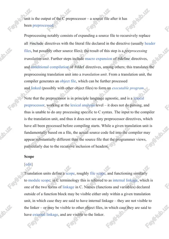 outside of a function block may be visible either only within a given translation unit, in which case they are said to have internal linkage – they are not visible to the linker – or may be visible to other object files, in which case they are said to have external linkage, and are visible to the linker. c does not have a notion of modules. however, separate object files (and hence also the translation units used to produce object files) function similarly to separate modules, and if a source file does not include other source files, internal linkage (translation unit scope) may be thought of as "file scope, including all header files". code organization [edit] the bulk of a project's code is typically held in files with a .c suffix (or .cpp, .cxx or .cc for c++, of which .cpp is used most conventionally) and among c++ modules, the …