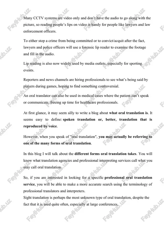 ings. 2. oral translation: voice translation oral translation voice-over translation voice translation is a type of oral translation provided by an automatic translator. you can probably already get an idea of what it is by the name alone. this is an automatic translation program, such as "google translate". these programs not only allow you to write text but also allow you to speak to it so that it translates whatever you are saying to it. and all that with just one click! there are voice translators that will give you the translation in text form and others that will do it orally. the latter can be presented as small devices that are inserted into the ear and that reproduce in real time everything they hear. if you want to know more about these little voice translators you can check our blog: "a translator in your ear". this type of voice …