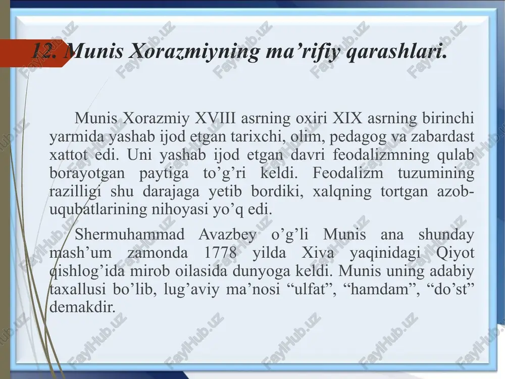 z davrining pedagogik fikrlarining yorqin namunasi bo‘lib, unda bolalar va yangi o‘quvchilarni savodli qilish, ularni bosqichma-bosqich yozuv va o‘qishga o‘rgatish metodikasi bayon etilgan. asarda o‘qitishning oddiydan murakkabga o‘tish tamoyili asosida harflar, bo‘g‘inlar, so‘zlar va jumlalar orqali savod o‘rgatish usuli yoritiladi. “savodi ta’lim” didaktik asar sifatida o‘zbek maktabchiligi tarixida muhim o‘rin egallaydi. unda nafaqat o‘quvchilarga qanday dars berish kerakligi, balki ularni o‘qishga bo‘lgan qiziqishini qanday uyg‘otish, o‘qituvchining nutqi va sabr-toqati kabi pedagogik fazilatlar ham ko‘rsatiladi. asar o‘zining amaliy yondashuvi, tilining soddaligi va bosqichli o‘rgatish uslubi bilan ajralib turadi. shu tariqa, “savodi ta’lim” o‘z davri uchun ilg‘or metodik qo‘llanma bo‘lish bilan birga, bugungi pedagogika tarixini o‘rganishda ham muhim manba hisoblanadi. munis xorazmiy bu asari orqali o‘zbek madaniy-ma’rifiy taraqqiyotiga katta hissa qo‘shgan. image1.jpeg image2.png image3.jpeg image4.jpeg image5.jpeg image6.png image7.jpeg image8.jpeg image9.jpeg image10.jpeg image11.jpeg image12.jpeg /docprops/thumbnail.jpeg