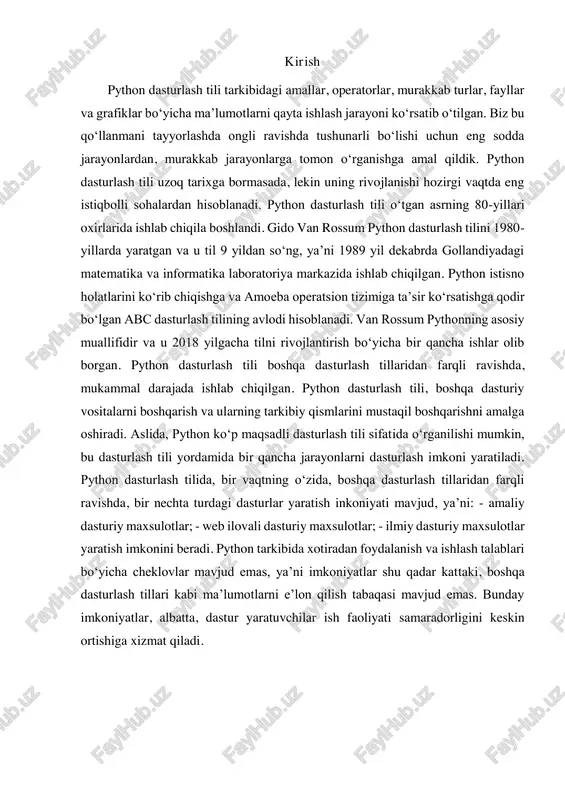 t() funksiyasidan ham foydalanish mumkin. ushbu funksiyadan foydalanib to'plam yaratilganda parametriga qiymat sifatida ro'yxat yoki kortej ham berilishi mumkin: tubsonlar = [2,3,5,7,11] tubsonlartuplami = set(tubsonlar) print(tubsonlartuplami) # {2, 3, 5, 7, 11} 65 66 ayniqsa set() funksiyasi bo'sh to'plam hosil qilish uchun juda qulay hisobladi: amallarni bajarish mumkin bo'lib, ular metod va funksiyalar orqali amalga oshiriladi. quyida ulardan eng ko'p qo'llaniladiganlarini qarab chiqamiz son = set() print(son) # set() to'plam uzunligi (to'plam elementlari soni) ni toppish uchun len() funksiyasidan foydalaniladi: son = {3,4,5,6} print(len(son)) # 4 to’plamga element qo’shish. to'plamga element qo'shish uchun add() metodidan foydalaniladi: son = set() son.add(2) son.add(4) print(son) # {2, 4} to’plamdan elementni o’chirish. to'plamdan elementni o'chirish uchun remove() metodi qo'llanilib, uning argumentiga o'chirilishi kerak bo'lgan element beriladi. agar o'chirilishi kerak bo'lgan element to'plamda mavjud bo'lmasa, u holda keyerror istisno xatoligi ro'y beradi. shuning uchun to'plamdan elementni o'chirishdan oldin in operatori orqali shu elementning lug‟atda mavjud …