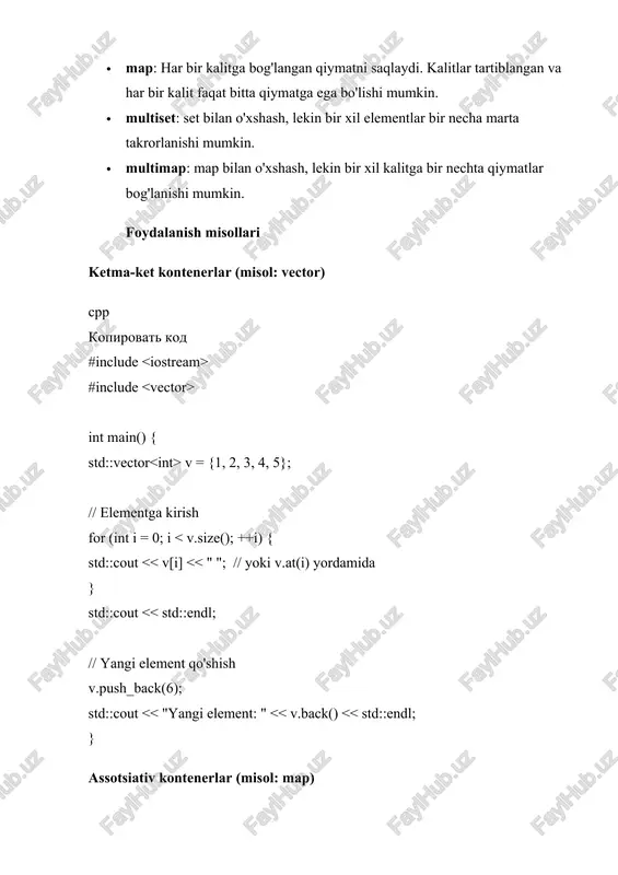 ndekslashni talab qiladigan vazifalarda yaxshi ishlaydi, masalan, dinamik massivlar (vector), ro'yxatlar (list), yoki ikki uchidan qo'shish kerak bo'lsa (deque). · assotsiativ kontenerlar kalit-qiymat juftlari bilan ishlashda, ma'lumotlarni tartiblangan holda saqlash va tezkor qidiruvni amalga oshirish zarur bo'lsa foydalidir. map yoki set kabi kontenerlar odatda bunday vazifalar uchun tanlanadi. ushbu kontenerlarni tanlashda maqsad va bajarilishi kerak bo'lgan operatsiyalarni hisobga olish muhimdir. iteratorlar — bu ma'lum bir to'plamdagi elementlarni ketma-ket olish imkoniyatini beruvchi obyektlardir. python'da iteratorlar __iter__() va __next__() metodlari yordamida ishlaydi. __iter__() metodini chaqirish orqali iteratorni olish mumkin, __next__() metodini chaqirish esa elementni olish imkonini beradi va barcha elementlar tugagach stopiteration xatosini ko'rsatadi. iteratorlar haqida misollar: 1. oddiy iteratorni yaratish: python'da list kabi obyektlar o'z-o'zidan iterator bo'lib, ular ustida for siklini ishlatish mumkin. ammo siz ham o'z iteratorlaringizni yaratishingiz mumkin. python kopirovat kod class myiterator: def __init__(self, start, end): self.current = start self.end = end def __iter__(self): return self def __next__(self): …