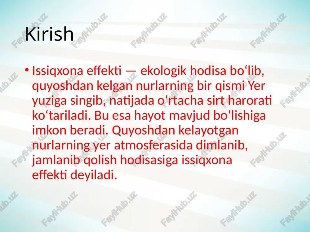 chiqadi. inson faoliyatining boshka turlari, jumladan chorvachilik va sholi ustirish metan, azot oksidi va boshqa issiqxona gazlarining ajralishini ko’chaytiradi. agar chiqindilar hozirgidek sur’atda davom etadigan bo’lsa, xxi-asr davomida atmosferadagi karbonat angidrid miqdori sanoatlashishgacha bo’lgan davrga nisbatan ikki marta ortishi mumkin. ko’pchilik olimlarning fikricha, ehtimol, kelgusi 100 yil davomida «global isish» 1,4o -5,8o c qiymatlardan kuzatilishi mumkin. bu qiymatlar sanoatlashish davrigacha, ya’ni 1850 yilgacha sel’siy haroratining 0,5ºc ga ko’tarilganiga qo’shimchadir. bu qiymatning ma’lum qismi ham o’tmishda atmosferaga chiqarilgan issiqxona gazlari tufayli bo’lishi mumkin. bugungi kunda insoniyat uchun eng og’ir global muammo isish havfidir. global isish muammosi yoki issiqxona effektiga asosiy sabab, atmosferaga har xil gazlarining ko’p chiqarilishi yoki antropogen oqibatlar ta’siridir. sivilizatsiya natijasida sanoat va texnika rivojlandi, avtomobillar soni keskin ko’paydi, o’rmonlar, o’tloqlar kamayishi tufayli atmosferada so2 gazi miqdori oshdi. sanoat chiqindilari qayta ishlanmasligi ham atmosferaga chiqadigan so2 gazining oshib ketishiga sabab bo’lmokda. demak, u yoki bu tarzda hosil bo’lgan karbonat …