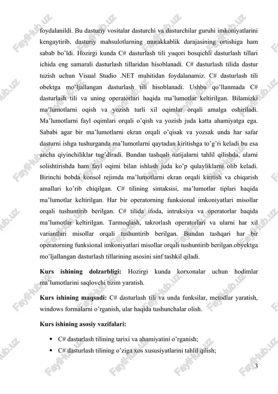 r uchun hodimlar ma’lumotlarini saqlovchi tizim yaratish. kurs ishining maqsadi: c# dasturlash tili va unda funksilar, metodlar yaratish, windows formalarni o’rganish, ular haqida tushunchalar olish. kurs ishining asosiy vazifalari: · c# dasturlash tilining tarixi va ahamiyatini o’rganish; · c# dasturlash tilining o’ziga xos xususiyatlarini tahlil qilish; · c# dasturlash tilining vazifalarini chuqurroq o’rganib chiqish; · c# dasturlash tilida dektop dastur yaratish; kurs ishining obyekti: c# dasturlash tilida ishlash va u haqida to’liq ma’lumot berish va uni amalda qo’llash. kurs ishining predmeti: c# dasturlash tilini keng targ’ib qilish. kurs ishining tarkibi: kurs ishiga kirish, 2 ta bob, xulosa va foydalanilgan adabiyotlar ro’yxati hamda ilovalardan iborat. i bob. c# tilining sintaksisi va asosiy operatorlari. 1.1. c# va .net tarixi. c# ning kelib chiqishi 2000-yillarga borib taqaladi. o’sha yillarda microsoft ushbu dasturlash tilini o’zlari uchun yaratshdi. dastlab c#, javascript bilan raqobatlashayotgan java tillariga javob sifatida, ya’ni microsoftning talabiga java javob bera olamgani tufayli …