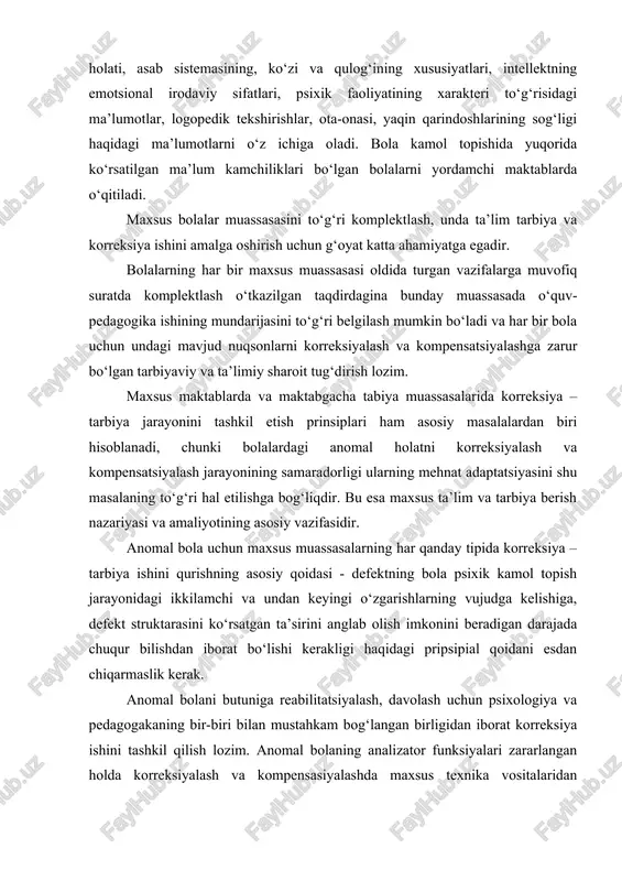 ikkilamchi va undan keyingi o‘zgarishlarning vujudga kelishiga, defekt struktarasini ko‘rsatgan ta’sirini anglab olish imkonini beradigan darajada chuqur bilishdan iborat bo‘lishi kerakligi haqidagi pripsipial qoidani esdan chiqarmaslik kerak. anomal bolani butuniga reabilitatsiyalash, davolash uchun psixologiya va pedagogakaning bir-biri bilan mustahkam bog‘langan birligidan iborat korreksiya ishini tashkil qilish lozim. anomal bolaning analizator funksiyalari zararlangan holda korreksiyalash va kompensasiyalashda maxsus texnika vositalaridan foydachanilgan holda pedagogaka va tibbiyot ta’sirining samarasi beqiyos darajada oshib ketadi. anomal bolalarda nutqni kamol toptirish uchun ham kar, garang bolalarda gapirayotgan kishining labiga qarab o‘qish ko‘nikmasini tarkib toptirish juda muhim ahamiyatga ega. garang bolalarda korreksiya kompensator yo‘li bilan ta’lim berishda, ularda og‘zaki nutqni tarkib toptirishda, quloq eshitish funksiyasini kamol toptirish va undan foydalanish alohida muhim rol o‘ynaydi. korreksiya vositalarini jami va ta’lim jarayonida kompensator mexanizmlarining kamol topitirishi, garang bolalarga 12 yillik o‘quv muddati mobaynida sakkiz yillik ommaviy maktabning dasturi hajmida bilimlar, ko‘nikmalar va malakalar sistemasini berish va muayyan darajadagi ishlab …