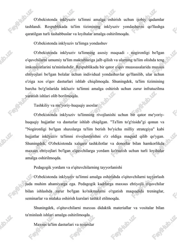 kurslari tashkil etilmoqda. shuningdek, o'qituvchilarni maxsus didaktik materiallar va vositalar bilan ta'minlash ishlari amalga oshirilmoqda. maxsus ta'lim dasturlari va resurslar o'zbekistonda nogironligi bo'lgan o'quvchilar uchun ta'lim dasturlari va resurslar kengaytirilmokda. dastlabki sinflarda, o'qituvchilar individual ta'lim rejalari asosida, har bir bolaning ehtiyojlariga mos o'qish dasturlarini yaratib, ularni amalga oshirishga harakat qilmoqda. bu jarayon, avvalo, bolaning qobiliyatlarini rivojlantirishga yo'naltirilgan va ularning jamiyatda to'laqonli ishtirok etishiga imkon yaratadi. inklyuziv ta'limning bir qator afzalliklari mavjud, ulardan ba'zilarini keltirib o'tamiz: o'quvchilarni tenglashtirish: inklyuziv ta'lim barcha o'quvchilarga teng imkoniyatlarni taqdim etadi, ularni jamiyatga to'liq integratsiya qilishga yordam beradi. ijtimoiy barqarorlik: nogironligi bo'lgan shaxslarning jamiyatda to'liq ishtirok etishi, ijtimoiy barqarorlikni ta'minlashga yordam beradi. shaxsiy rivojlanish: inklyuziv ta'lim har bir o'quvchining individual rivojlanishini qo'llab-quvvatlaydi va ularning o'ziga bo'lgan ishonchini oshiradi. keng doiradagi ijtimoiy ko'nikmalar: o'quvchilar bir-biriga yordam berishni o'rganadilar, turli madaniyatlarni, ehtiyojlarni tushunishadi va ijtimoiy ko'nikmalarni rivojlantiradilar. inklyuziv ta'lim - bu jamiyatda barcha o'quvchilarning teng huquqlarini ta'minlashga qaratilgan …