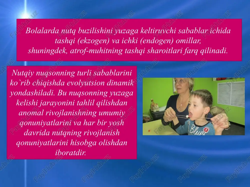 rning ko`p ma`noga ega bo`lmasligi xarakterli xususiyat hisoblanadi. tovushlar talaffuzida turg`unlik bo`lmaydi, tovushlar bir-biri bilan almashtiriladi, fonematik o`quv buzilgan bo`ladi. nutq to`liq rivojlanmaganligining bu darajasiga ega bo`lgan bolalar uchun tovushlar analizi bo`yicha berilgan topshiriqlar tushunarsiz bo`ladi. nutq to`liq rivojlanmaganligining ii darajasi: dastlabki keng qo`llaniladigan, odatdagi nutqning bo`lishi bilan xarakterlanadi. bolalar oddiy jumlalardan foydalana biladilar, ma`lum lug`at boyligiga ega bo`ladilar. ular narsalar, hodisalar, alohida belgilar nomini ajrata oladilar. lekin bunday bolalarda nutqning qo`pol darajada rivojlanmaganligi yaqqol ifodalangan bo`ladi. ular ikki-uch so`zdan iborat gaplardan foydalanadilar. lug`at boyligi shu yoshga mos keladigan normadan kam bo`ladi. umumlashtiruvchi so`zlarni (mebel, kiyim, sabzavot, mevalar va boshqalarni) bilmasligi kuzatiladi. harakat, belgini bildiruvchi so`zlardan foydalanishda qiyinchiliklar kuzatiladi, predmet nomini, rangini, shaklini, o`lchamini va boshqa belgilarini bilmaydilar. nutq to`liq rivojlanmaganligining iii darajasida: nutqida leksik-grammatik va fonetik-fonematik jihatdan rivojlanmaganlik elementlari kuzatiladi. bolalar nutqga ega bo`lganda kishilar bilan aloqa bog`lay oladilar, lekin buni ota-ona (tarbiyachi) ishtirokida, ularning muayyan tushuntirishlari yordamida bajaradilar. …