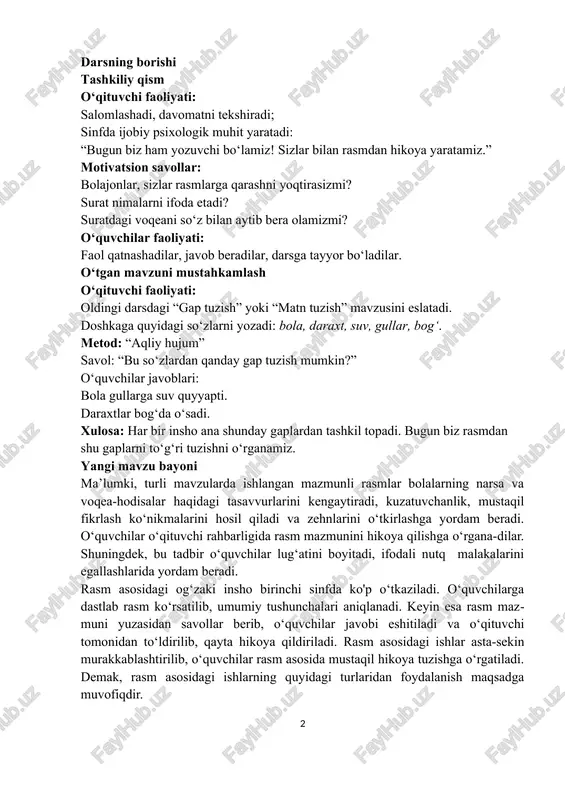 rib, o‘quvchilar javobi eshitiladi va o‘qituvchi tomonidan to‘ldirilib, qayta hi​koya qildiriladi. rasm asosidagi ishlar asta-sekin murakkablashtirilib, o‘quvchilar rasm asosida mustaqil hikoya tuzishga o‘rgatiladi. demak, rasm asosidagi ishlarning quyidagi turlaridan foydalanish maqsadga muvofiqdir. 1.rasmi asosida og‘zaki hikoya tuzish. 2.o‘qituvchining savoli asosida og‘zaki hikoya tuzish. 3. o‘qituvchining savoli asosida jamoa bo‘lib insho tuzish, tuzilgan inshoni avval to‘liq bayon etish, so‘ngra insho matnini doskaga yozib, uni daftarga ko‘chirib olish. 4. berilgan so‘zlardan foydalanib, insho yozish. 3-4-siiflarda bu ish turi birmuncha murakkablashadi: a) o‘qituvchining savoli asosida mustaqil ravishda ikki-uch gapdan iborat insho yozish; b) berilgan reja asosida mustaqil insho yozish; v) o‘qituvchi yordamida jamoa bo‘lib tuzilgan reja asosida insho yozish singari. rasm asosida o‘tkaziladigan suhbat quyidagi tartibda olib boriladi: 1. dastlabki suhbat. o‘rganilayotgan mavzuning maz- muni va xarakteriga qarab dastlabki suhbat o‘quvchilar uyini va faoliyatlariga bog‘lab tashkil etiladi. rasmda tasvirlangan narsa va voqea-hodisalarga o‘quvchilar tajribasi taqqoslanadi. aloqador bo‘lgan she’r va ertaklar yoki hikoya eslatiladi. …