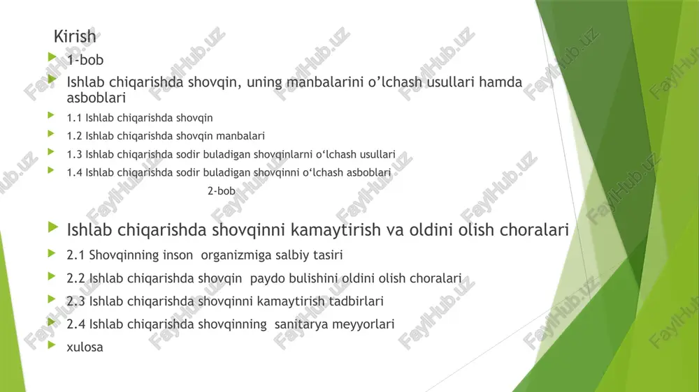 i 6. shumamer 2-bob ishlab chiqarishda shovqinni kamaytirish va oldini olish choralari 2.1 shovqinning inson organezmiga salbiy tasiri asab tizimiga ta’siri: doimiy yoki kuchli shovqin asabiylashish, diqqatning susayishi, uyqusizlik, bosh og‘rig‘i va ruhiy holatning yomonlashuviga olib keladi. yurak-qon tomir tizimiga ta’siri: shovqin qon bosimini oshirishi, yurak urishini tezlashtirishi va yurak kasalliklari xavfini oshirishi mumkin. eshitish a’zolariga zarar: uzoq muddatli baland shovqin quloqning ichki qismlariga zarar yetkazib, eshitish qobiliyatining pasayishiga yoki to‘liq eshitmaslikka olib keladi. gormonal tizimga ta’siri: shovqin stress gormonlari – kortizol va adrenalin – miqdorini oshiradi, bu esa organizmda surunkali stress holatini keltirib chiqaradi. bolalarga salbiy ta’siri: bolalarda shovqin diqqat-e’tiborning kamayishi, nutq va o‘qish qobiliyatining sustlashuvi, hamda jismoniy rivojlanishga salbiy ta’sir ko‘rsatishi mumkin. uyqu sifatining yomonlashuvi: shovqinli muhitda uyqu chuqur bo‘lmaydi, bu esa charchoq, diqqatning pasayishi va sog‘liq bilan bog‘liq boshqa muammolarga sabab bo‘ladi. 2.2 ishlab chiqarishda shovqin paydo bulishini oldini olish choralari 1. texnologik uskunalarni modernizatsiya qilish: eskirgan, …