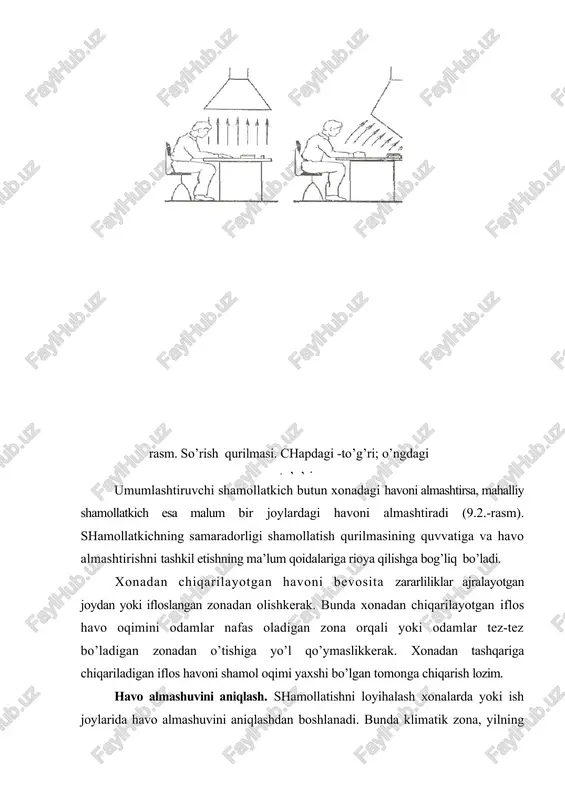 , azot va aldegid oksidlari) miqdori ( kg/soat). vdv =(a1+b1vdv) qx t/6000, (9.4.) bu yerda a1 va b1 teng koeffisientlar: karbyuratorli dvigatellar uchun a1=9, b1=12; dizel dvigatellar uchun a1=160, b1=13,5; vdv-dvigatel silindrlarining ishchi hajmi, l; qx-ishlangan gazlardagi zararli moddalarni hajmiy hissasi (karbyuratorli dvigatellar uchun-uglyerod oksidi – 4…6 %, dizel dvigatellari uchun uglyerod oksidi 0,05…0,07 %, azot oksidi 0,007…0,009 %, aldegid oksidi 0,035…0,050 % qabul qilinadi); t-dvigatelning ish vaqti. ayrim qishloq xo’jalik ishlab chiqarish xonalarida, masalan temirchilik xonasida, oziqa sexlarida, issiqxonalarda va shunga o’xshashlarda ortiqcha issiqlik ajralishi kuzatiladi. ortiqcha issiqlikni chiqarish uchun havo almashinuvi wi (m3/soat) wi =3,6qopt/c rbh(tbb-tbh), (9.5.) bu yerda qort-xonadagi manbalardan ajralgan ortiqcha issiqlikning umumiy miqdori, vt; s-quruq havoning issiqlik sig’imi (taxminan 1 j/kg kalloriyaga teng); rvn-xonaga kiradigan havo zichligi kg/m3, tvv-davlat standartiga mos holda xona harorati, °s; tvn-tashqi havoning hisobiy harorati,°s. tabiiy shamollatish. sanitar normalarga mos holda barcha xonalar tabiiy shamollatish mo’ljallangan bo’lishikerak. xonada havoning tabiiy harakatlanishi …
