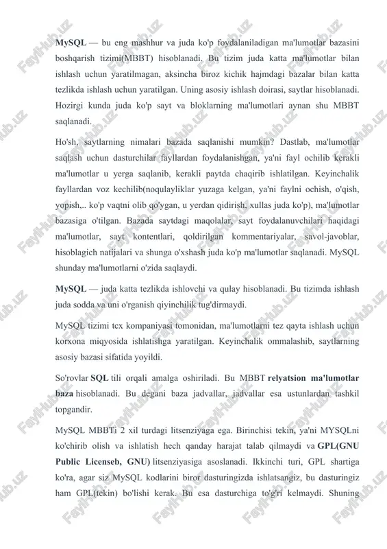 falarni yaratishda yengillik yaratish uchun perlga qo‘shimcha vosita sifatida yaratilgan. tarmoqda dasturlash sohasida php eng ommalashgan skript tillardan biri hisoblanadi. php o‘zining oddiyligi, tezkorligi, ko‘p funktsionalligi hamda dastur kodini php litsenziyasi asosida tarqatishga ko‘ra isp, perl tillari kabi ommaviy sanaladi. php yadrosining mavjudligi va kengaytirish modullari, jumladan, ma‘lumotlar bazasi, soket, dinamik grafika, kriptografik kutubxonalar, pdf formatli hujjatlar bilan ishlash uchun mo‘ljallangan qo‘shimcha modullar mavjudligi bilan boshqa dasturlardan farq qiladi. shuningdek, foydalanuvchilar o‘z kengaytmalarini yaratish imkoniga ega. hozirgi vaqtda 100 dan ortiq kengaytmalar mavjud bo‘lib, standart to‘plamga to‘liq sinovdan o‘tgan bir necha o‘ntasi kiritilgan xolos. php interpretatori web- serverga maxsus yozilgan modul orqali yoki cgi- dastur ko‘rinishida bog‘lanadi. bundan tashqari php – unix, gnu/linux, microsoft windows, mac os x va amiga os operatsion sistemalarida administrativ masalani yechish uchun qo‘llaniladi. bu sohada perl, python, vbscript dasturlari juda ham ommalashgan. mysql (mbbt) dasturiy ta’minoti tezkor, ko‘p oqimli, ko‘p foydalanuvchili, ishonchli ma’lumotlar bazasi sql-serveri …