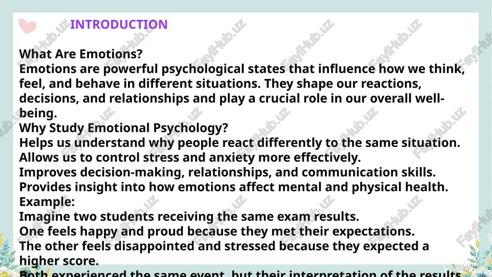 ition. example: a baby instinctively cries when separated from its mother (basic emotion). a teenager feels embarrassment when forgetting lines in a speech (complex emotion). 9 basic vs. complex emotions 1. basic emotions these emotions are innate and universal across all cultures. identified by psychologist paul ekman (1970s). six universally recognized emotions: happiness 😊 sadness 😔 fear 😨 anger 😡 surprise 😲 disgust 🤢 2. complex emotions formed by combining basic emotions and influenced by culture, upbringing, and personal experience. example: jealousy = anger + insecurity guilt = sadness + responsibility research example: a 2014 study by the university of glasgow suggests that some emotions overlap (e.g., fear and surprise share similar facial expressions). 10 theories of emotion how do emotions develop? over time, psychologists have proposed various theories to explain the origin and function of emotions. each theory provides a different perspective on whether emotions come before or after …