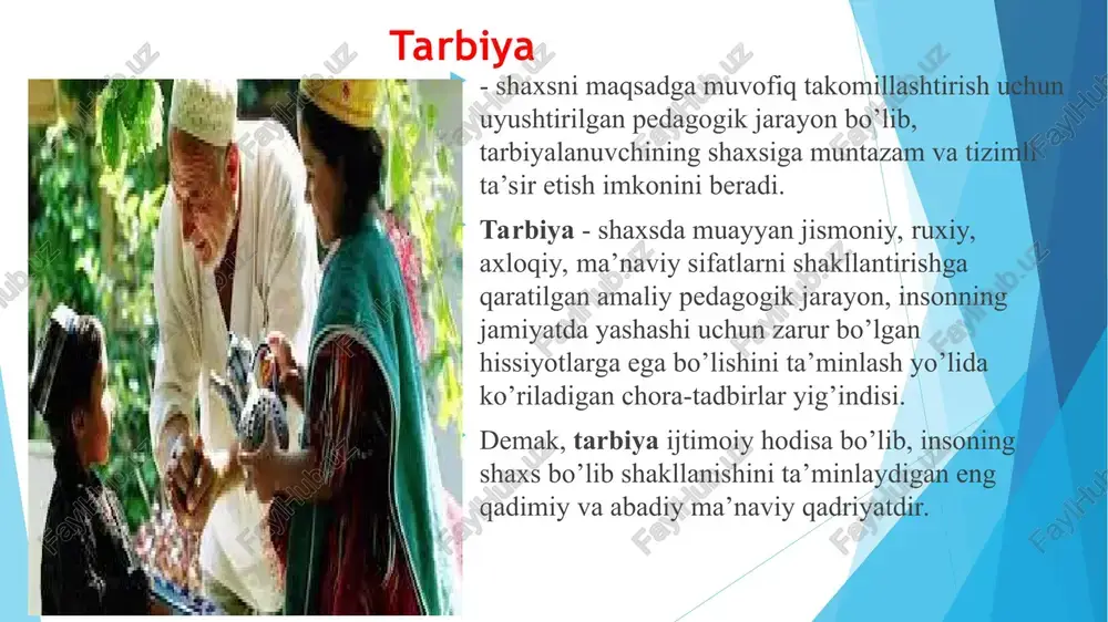 or, mustaqil fikr egasi bo’lgan komil insonni tarbiyalab, voyaga yetkazishdan iborat. ushbu maqsadga erishish yo’lidagi asosiy vosita - bu shaxsda umumiy madaniyatni tarkib toptirishga doir, yahni shaxsning aqliy, axloqiy, jismoniy, estetik, iqtisodiy, mexnat, huquqiy, mafkuraviy hamda mehnat madaniyatini tarbiyalash tarbiyaning bosh maqsadini amalga oshirish imkoniyatini yaratish ko’zda tutiladi. tarbiya mazmunida oldinga tarbiya mazmunida oldinga qo’yilgan maqsad va vazifalarga muvofiq o’quvchilar tomonidan o’zlashtirishi lozim bo’lgan bilim, ko’nikma va malakalar shaxs xulq-atvori hamda sifatlarning mohiya­tini aks ettiradi. tarbiya mazmuni ijtimoiy-iqtisodiy taraqqiyot, kishilik munosabatlari mohiyati va darajasi, shuningdek, jamiyat mafkurasi va g’oyalaridan kelib chiqqan holda belgilanadi. zamonaviy tarbiya mazmunida quyidagi g’oyalar yotadi: bolalar va kattalarning birgalikdagi faoliyati. o’qituvchining bolalar bilan ma’naviy madaniyatining eng yaxshi namunasini izlashi, shu asosida tarbiyachi insonning hayotiy mehyor va qadriyatlarini ishlab chiqishi, o’quvchining tarbiya jarayonida faolligini tahminlashga olib keladi. dunyoqarashi hali to’la-to’kis shakllanmagan bolalar uchun kattalarning hayotiy tajribalari hamda ularning shaxsiy namunalari katta tarbiyaviy ta’sirga ega. o’z-o’zini anglash. tarbiya …