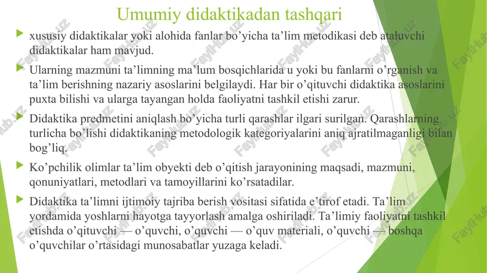 hi didaktik faoliyatning ilmiy asoslangan tizimiga asos solindi. didaktika (ta’lim nazariyasi: yunoncha «didaktikos» «o’rgatuvchi», «didasko» esa — «o’rganuvchi» ma’nosini bildiradi) ta’limning nazariy jihatlari (ta’lim jarayonining mohiyati, tamoyillari, qonuniyatlari, o’qituvchi va o’quvchi faoliyati mazmuni, ta’lim maqsadi, shakl, metod, vositalari, natijasi, ta’lim jarayonini takomillashtirish yo’llari va hokazo muammolar)ni o’rganuvchi fan. bu tushunchani buyuk chex pedagogi yan amos komenskiy (1592— 1670-yillar) «buyuk didaktika» (1657-yil) nomli mashhur asarida tilga oladi. lekin komenskiy «didaktika bu faqat ta’limgina emas, balki tarbiyalash ham», deb ta`kidlaydi didaktika, uning asosiy kategoriyalari. didaktikaning asosiy kategoriyalari va didaktik tushunchalar tizimi. muayyan fanga xos bo’lgan tushunchalarda insoniyat tomonidan ijtimoiy taraqqiyot jarayonida to’plangan bilimlar aks etadi. mavjud ilmiy tushunchalar ikki asosiy guruhga ajratiladi: falsafiy tushunchalar; xususiy ilmiy, ya`ni, muayyan fangagina xos bo’lgan tushunchalar. didaktika uchun «umumiy va alohida», «mohiyati va hodisa», «qarama-qarshilik», «bog’liqlik» kabi falsafiy tushunchalar ham muhim ahamiyatga ega. didaktikada qo’llaniladigan umumiy-ilmiytushunchalar orasida «tizim», «tuzilma», «vazifa», «element» kabilar alohida o’rin tutadi. pedagogikaga …