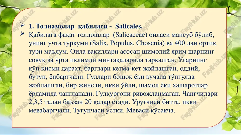 tuxumsimon yoki ellipsimon. gullari tug'ri barg qo'ltig'idan joy olgan, oq yoki sarg'ish rangli. kosacha va tojibarglari to'rttadan. gul formulasi: *♀♂ sa4so4a~g(2) mevasi ko'p urug'li rezavor meva. kavkazda va o'rta osiyoda yashaydigan aholining bir qismi rezavor o'simlik sifatida istemol qiladi. urug'ining tarkibida 36 % yog' bor. 2. karamdoshlar oilasi - brassisaseae. bu keng tarqalgan oila bo'lib 350 ta turkumni, 3000ga yakin turni birlashtiradi. ko'pchilik turlari o'rta er dengizi atroflarida keng tarqalgan. ko'pchilik turlari kosmopolit (jag-jag) hisoblanadi. hayotiy shakli: ko'p yillik o't o'simlik ba'zan butalari ham uchraydi. ularning barglari oddiy, butun yoki qirqilgan, poyada ketma-ket joylashgan, yonbarg'lari, bo'lmaydi. gullari oddiy yoki murakkab shingil, ro'vak to'pgullarda joylashgan. gullari aktinomorf, ikki jinsli, qo'sh gulqurg'onli, kosacha va tojbarglari 4tadan joylashgan. gultojbargi oq, sariq, binafsha, yoki siyox rangda. hasharotlar yordamida changlanadi. changchilari 6ta, urug'chisi 1 ta, 2 mevabargchadan tashkil topgan. tugunchasi ustki, mevasi qo'zoq, qo'zokcha yoki bir urug'li yong'oqcha. gul formulasi: *♀♂ sa4 so4 a2+4 g(2) …
