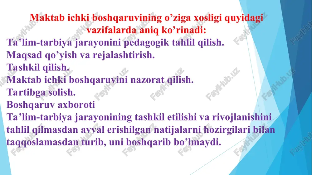 uv yili davomida amalga oshiriladi va ta’lim jarayonini tashkil etilishi (chorak, semestr)ga qarab bir necha bosqichlarni o’z ichiga oladi. yakuniy rejalashtirish o’quv choraklari uchun tuziladi, u bir yillik rejaning aniqlashgan ko’rinishi hisoblanadi. shu tarzda rejalashtirishning bunday aniqlashgan ko’rinishlari o’qituvchilar, o’quvchilar va ota-onalar qo’mitasining faoliyatini boshqarishga yordam beradi. bu rejalar o’qituvchilar va sinf rahbarlarining ish rejalari bilan aloqadorlikda aniqlashtirilib boriladi. umuman olganda, boshqarish faoliyatida rejalashtirish vazifasining to’la amalga oshirilishi ta’lim muassasasi faoliyati samaradorligini oshiradi. qabul qilingan rejalarni to’liq amalga oshirish uchun tizimli harakatning boshqaruvchilari uning tarkibiy qismlarini bir-biri bilan aloqada bo’lishini tashkil etishlari kerak. «tashkil etish» tushunchasi birqancha ma’nolarda qo’llaniladi. birinchidan, baho sifatida aqliy faoliyatni rivojlantirishga qaratilgan hamda darsdan tashqari tadbirlarning uyushtirilishini ta’minlaydigan o’quv-tarbiya jarayonining maqsadida namoyon bo’ladi. ikkinchidan, tashkil etish deganda belgilangan rejalarni amalga oshiruvchi, oldiga qo’yilgan maqsadga erishish uchun butun pedagogik jarayonni boshqaruvchi ta’lim muassasasi rahbarlari, o’qituvchilar, o’quvchilarning o’z-o’zini boshqarish organlari faoliyati tushuniladi. boshqarishni tashkil etuvchi asosiy boshqarmalar sifatida …