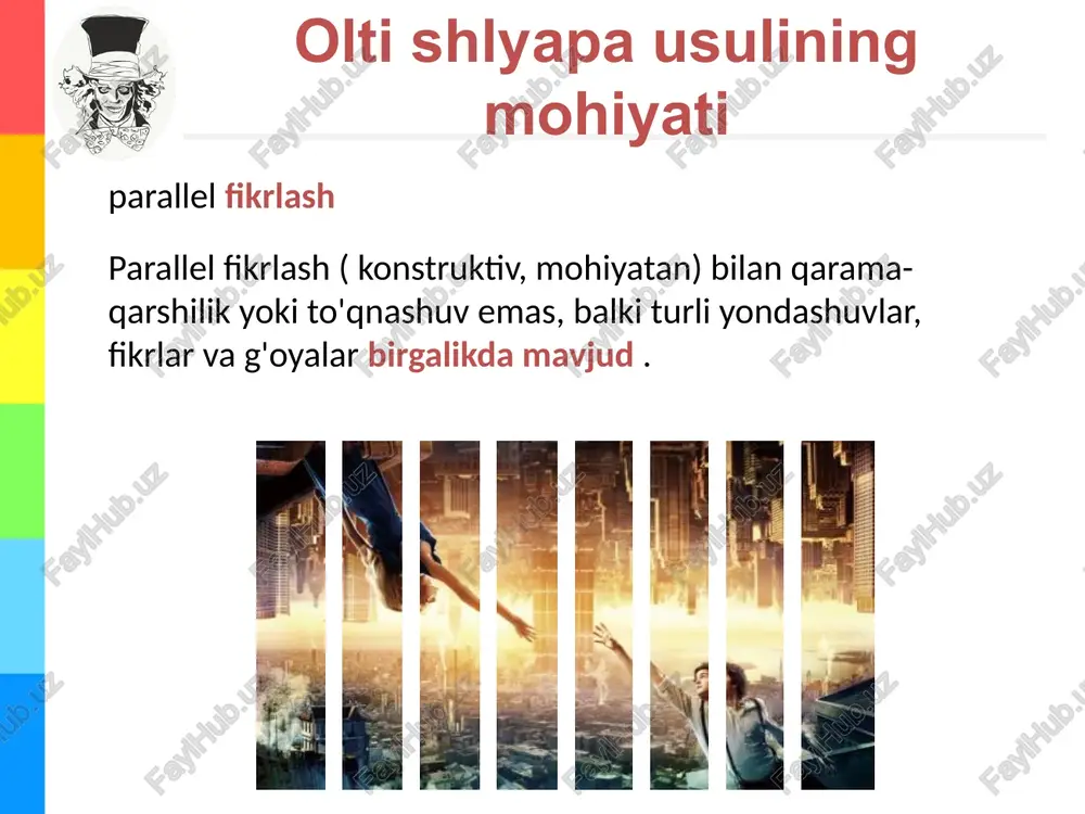 poq ijobiylik shlyapasi biz uni qo'yganimizda , biz yechim yoki taklif taqdim etadigan kutilgan afzalliklar haqida o'ylaymiz, ma'lum bir g'oyaning afzalliklari va istiqbollari haqida o'ylaymiz . sariq shlyapa ijobiy. biz uni qo'yganimizda, biz yechim yoki taklifning mumkin bo'lgan afzalliklarini ko'rib chiqamiz, ma'lum bir g'oyaning foydalari va istiqbollari haqida o'ylaymiz. agar bu g‘oya yoki yechim bir qarashda istiqbolli ko‘rinmasa ham, bu optimistik tomonni o‘rganish va yashirin ijobiy salohiyatni aniqlashga harakat qilish muhimdir. 8 qora qalpoq shlyapada faqat vaziyatni qora shlyapa sariq shlyapaning to'liq teskarisidir. qora shlyapa sariq shlyapaning to'liq teskarisidir. ushbu shlyapada faqat vaziyatni tanqidiy baholash (g'oyalar, echimlar va boshqalar) esga olinishi kerak: ehtiyot bo'ling, yuzaga kelishi mumkin bo'lgan xavf va yashirin tahdidlarga, haqiqiy va sezilgan kamchiliklarga e'tibor bering, tuzoqlarni qidirishni yoqing va biroz pessimistik bo'ling. 9 yashil shapka ijodiy shlyapa va ijodkorlik , muqobillarni izlash va o'zgartirishlar kiritish barcha mumkin bo'lgan o'zgarishlarni ko'rib chiqing , yangi g'oyalarni yarating, noan'anaviy va …