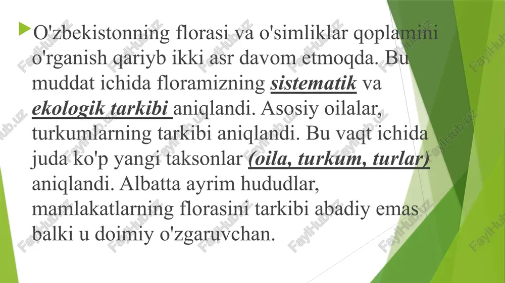 atiga ega. buning asosida esa o'simliklarning muxit va orografik omillariga yaxshi moslanuvchanligi yotadi, aks holda o'simliklarning xayot tarzi to'xtab qoladi. quyida biz ushbu vertikal zonalar bo'yicha o'simliklar olamini tarqalishini, ularning asosiy xususiyatlarini qisqacha ta'riflaymiz. cho'l zonasi pasttekisliklardan iborat bo'lib, tuprog'i rangli va qo'ng'ir bo'z tuproqlardan tashkil topgan va adir zonasi bilan tutashib ketadi. zonaning balandligi 500-600 martagacha, bu zona (turon provintsiyasi) o'zining quruq (yozi isiq, qishi sovuq) va issiq iqlimi bilan haraktyerlanadi. atmosfyera yog'inlari nihoyatda kam. respublikamizning cho'l zonasi uchta tipga bo'linadi sho'r cho'lli, qumli (barxanli) gipsli cho'l. adir zonasi tog'larga yaqinlashib, ularni o'rab turadi. tuprog'i bo'z tuproq, tarkibi jihatidan cho'l zonasidan farq qiladi. bu zona cho'l va tog'ning o'rtasida joylashgan, dengiz satxidan 500-600 metrdan tortib to, 800-900 metrgacha etadi. atmosfyera yog'inlarining miqdori 750-400 dan 500 mm gacha. pastki adir zonasida keng miqiyosida qorabosh formatsiyasi (carex achystylis) jamoalari tarqalgan, undan tashqari iris, shuvoq qo'ziquloq, oqquray o'simliklari qoplamlari va boshqalar uchraydi. …