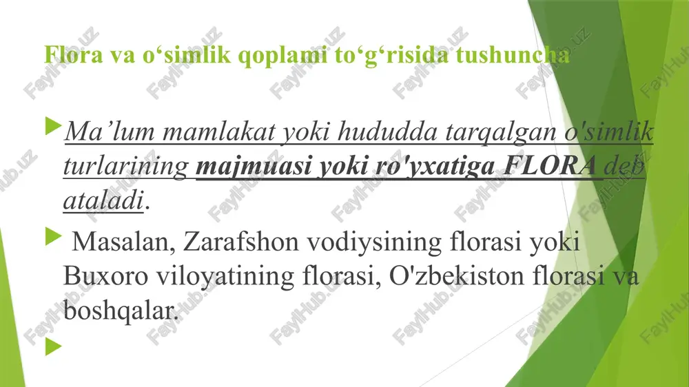 g zichlik darajasi foiz bilan, ko'pincha esa birlik bo'laklari bilan belgilanadi. masalan, o'rmondagi daraxtlar zichligi 0,5 ga teng deyilsa, shu o'rmondagi daraxt shox-shabbalarining tekislikdagiproyeksiyasi tuproq yuzasining 50 foizini qoplaydi. sibirdagi eng qalin o ‘rmonlarning zichligi 1,0 yoki 100 foizga to‘g‘ri keladi. o'rta osiyo sharoitida, quyi tog‘ uchun xaraktcrli kserofit archazorlarning zichligi 0,3-0,4; yuqori tog1 uchun xos mezofit archazorlarniki esa 0,8-0,9 ga tcngdir. fitotsenozni tavsiflash blankasi tadqiqotchi________________________________________________________ blanka to ‘ldirilgan vaqt______________________________________________ geografik o ‘rni (joyi)_______________________________________________ tckshirilayotgan joy topografiyasi_____________________________________ m aydonchaning kattaligi (o ‘lchami)___________________________________ o‘simliklar assotsiatsiyasi ___________________________________________ edifikator (dom inant) o‘simliklar______________________________________ pog‘onalilik_______________________________________________________ maydoncha tuprog‘i ________________________________________________ yer yuzasining (m aydonchaning) 0‘simliklar bilan qoplanishi (foizda)________ suv bilan ta’m inlanganligi ___________________________________________ o ‘simliklar qoplam ining um um iy holati _____________________________ begona, zaharli va zararli 0‘simliklar__________________________________ o’simliklar ro’yhati № o’simlikning nomi bo’yi (sm) mo’lligi (ballarda) xayotiyligi fenologiyasi turlar mo‘lligi (turning o'lchash darajasi 10 balli tizim bilan beriladi) 10. shox-shabbasi bilan bir-biriga tegib turuvchi ayrim bir turning …