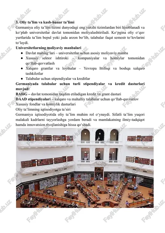 quvchilarning ijtimoiy kelib chiqishidan qat'i nazar, sifatli ta'lim olish imkoniyatini kengaytiradi. ta'lim tizimi boshlang‘ich, o‘rta va yuqori bosqichlarga bo‘linadi hamda har bir bosqich o‘zining moliyaviy ta'minotiga ega. davlat maktablariga qo‘shimcha ravishda germaniyada xususiy maktablar ham mavjud bo‘lib, ular ota-onalar tomonidan moliyalashtiriladi yoki turli xayriya fondlari tomonidan qo‘llab-quvvatlanadi. bundan tashqari, ijtimoiy himoyaga muhtoj oilalar farzandlari uchun grantlar, stipendiyalar va bepul ta’lim materiallari taqdim etilib, teng imkoniyatlar yaratishga alohida e’tibor beriladi. oliy ta’lim tizimi esa dunyodagi eng ilg‘or tizimlardan biri hisoblanadi va ko‘plab universitetlar davlat tomonidan moliyalashtiriladi. germaniyada aksariyat universitetlarda ta’lim bepul yoki juda arzon bo‘lib, talabalar faqat semestr to‘lovlarini amalga oshiradilar, bu esa 150-250 yevro atrofida bo‘ladi. shuningdek, talabalar turli grantlar va stipendiyalar orqali moliyaviy yordam olish imkoniyatiga ega. germaniya hukumati va xalqaro tashkilotlar tomonidan taqdim etiladigan moliyaviy qo‘llab-quvvatlash dasturlari talabalarning iqtisodiy jihatdan mustaqil bo‘lishiga yordam beradi. biroq, germaniyada yashash xarajatlari yiliga taxminan 9600 yevroni tashkil etishi sababli, xalqaro talabalar turli …