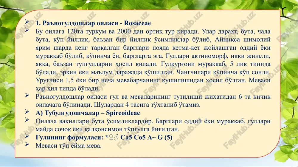 patsimon barglarni uchki tomonidagi yaproqchalari ba'zan shaklini o'zgartirib, gajaklarga, yon bargchalari esa tikanlarga aylangan. gullari ikki jinsli, notug'ri (zigomorf), ba'zan tug'ri bo'lib shingil, boshcha, soyabon, boshoqsimon to'pgulda joylashgan. changchisi va urug'chilari xashorotlar yordamida, goxo o'z o'zidan changlanadi. gulqurgoni murakkab, kosacha bargi 5 ta, ko'pincha qo'shilib o'sgan, tajbargi ham 5 ta. ustki tojibargi yirikroq bo'lib, «elkan», ikkita ostkisi esa, changchilarni o'rab turgani «kayikcha» deb ataladi. changchilar soni odatda 10ta ulardan bittasi erkin, qolgan 9 tasining chang iplari o'zaro qo'shilib o'sgan. bazi xollarda 10ta changchining chang iplari, hammasi bir-biri bilan qo'shilib, ketadi, yoki uning aksi hammasi erkin xolda bo'ladi. urug'chisi 1ta meva bargchadan tashkil topgan. tugunchasi ustki. mevasi dukkak. uruglari endospermsiz. gul formulasi: ↑ ♀♂ sa(5) so1+2+(2) a(9) +1 g 1 oila vakillari: 1) no'xatsimon burchak (lathyrus cicera). bir yillik o't. tog' yon bag'irlari, butalar orasi, ariq va soy bo'ylarida, ekinlar orasida uchraydi. 2) osiyo burchagi (l. asiaticus). bu ham bir yillik …
