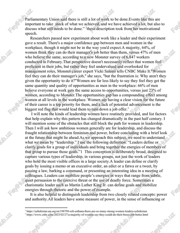 e state sector of the economy has been offset to some extent by rising employment in the informal sector and in agriculture. women are increasingly concentrated in low-wage sectors of the workforce, and receive lower wages than men for the same work.[footnoteref:0] [0: https://www.hrw.org/reports/2001/uzbekistan/uzbek0701-01.htm#:~:text=article%2018%20of%20the%201992,of%20women's%20equality%20before%20the ] on the other hand, women are not only wife,bride , their are a truth leader. many nationalities relize uzbek women leaderships, and they reported your speech about them. for example; roli asthana, un resident coordinator in uzbekistan attended the 14th summit of women speakers of parliament in tashkent and shared her views with uzbekistan24. “the events like this are absolutely critical to highlight importance of women’s leadership. women make up half of the world, but they don’t make up half of the leadership. as the chair of the senate of the oliy majlis said, only 26% of parliamentarians around the world are women. but the …