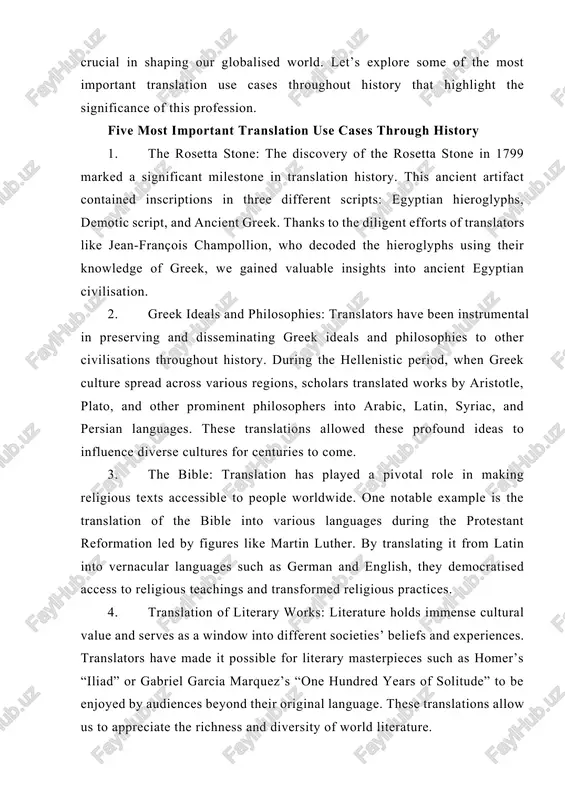 tions allow us to appreciate the richness and diversity of world literature. 5. translation during wartime: in times of conflict, translators have played a crucial role in facilitating communication between nations. during world war ii, for instance, codebreakers like alan turing relied on translators to decipher intercepted messages from enemy forces. their work not only helped gather intelligence but also contributed to strategic decision-making and ultimately influenced the outcome of the war. the historical significance of translation in intercultural communication cannot be overstated. translators have acted as cultural ambassadors, breaking down barriers and fostering understanding between diverse communities. through their efforts, we have gained access to knowledge, literature, and ideas that transcend borders and shape our collective human experience. as we continue to navigate a globalised world, let us recognise and appreciate the vital role that translators play in connecting people across languages and cultures. the rise of globalisation globalisation …