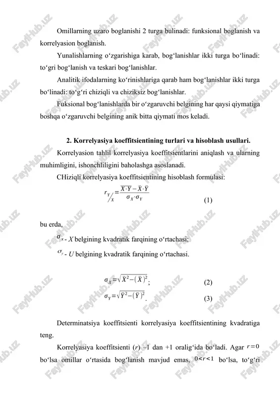 an hisoblar notoʻgʻri chiqishi mumkin va omillar ta’siri ikki barovar hisoblanishi mumkin. oʻzaro bogʻlangan ta’sir etuvchi omillardan bittasi modeldan chiqarib tashlanadi. albatta modelda kuchliroq va mustahkamroq omil qoladi. 3. koʻp omilli modellarda agar natijaviy omilga bir necha omillar ta’sir koʻrsatsa, unda omillar orasida koʻplikdagi korrelyasiya koeffitsienti hisoblanadi. ijtimoiy-iqtisodiy jarayonlar oʻrtasida bogʻlanishlarni oʻrganishda quyidagi funksiyalardan foydalaniladi 3. chiziqli va chiziqsiz regression bogʻlanishlar. ijtimoiy-iqtisodiy jarayonlar oʻrtasida bogʻlanishlarni oʻrganishda quyidagi funksiyalar bilan foydalaniladi: chiziqli – ikkinchi darajali parabola – uchinchi darajali parabola – n-darajali parabola – giperbola – b- darajali giperbola – logarifmik – yarim logarifmik – koʻrsatkichli funksiya – darajali funksiya – logistik funksiya – bogʻlanishlar chiziqli boʻlsa, u holda bogʻlanish zichligi baholashda korrelyasiya koeffitsientidan foydalanish mumkin: , bu erda, va mos ravishda va oʻzgaruvchilarning oʻrtacha kvadratik chetlanishidir va ular quyidagi formulalar yordamida hisoblanadi: , shuningdek, korrelyasiya koeffitsientini hisoblashning quyidagi modifikatsiyalangan formulalaridan ham foydalanish mumkin: yoki . regression tahlil natijaviy belgiga ta’sir …