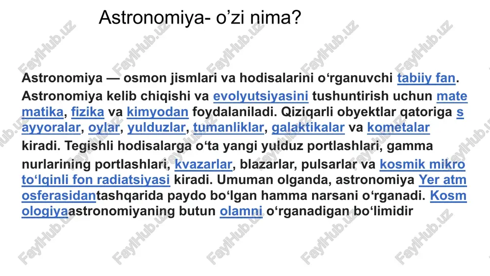 k asboblar (astrolyabiya va b.) bo`yicha eng yaxshi hunarmand usta hisoblangan. 992 yilda "faxr sekstanti" asbobini ixtiro qiladi (bizning davrimizda uni noto`g`ri "fahriy sekstant" deb nomlashadi). abu rayhon beruniy (973 - 1048) - ensiklopediyachi alloma, o`zidan keyin boy ilmiy meros qoldirgan. tarix, tilshunoslik, astronomiya, falsafa bilan shug`ullangan. astronomiya mavzusida ellikka yaqin asarlar qoldirgan. abu ali ibn sino (980 - 1037). tabiiy fanlar (tibbiyot, falsafa, tabiyotshunoslik)dan tashqari astronomiya bilan ham shug`ullangan, zij shaklida yozilgan "astronomiya bo`yicha to`plam" ("mulahhas fil - hayat") ning muallifidir. ahmad ibn abdulloh al marvoziy ix asrda yashagan. "damashq ziji", "tekshirilgan zij" asarlarining muallifi. umar hayyom (1048 - 1122). to`liq ismi g`iyosiddin abulfath umar ibn ibrohim al hayyomiy al naysaburiy (nishopuriy). mashhur shoir, faylasuf, matematik va astronom. juda ko`pchilik uning falsafiy fikrlar bilan to`la ruboyilarini o`qigan. matematikada ham "yevklidning qiyin postulatlariga sharhlar", "algebraik masalalar yechimlarining isbotlari haqida" va boshqa asarlari bilan o`chmas iz qoldirgan. astronomiyada taqvimni qayta ko`rib …