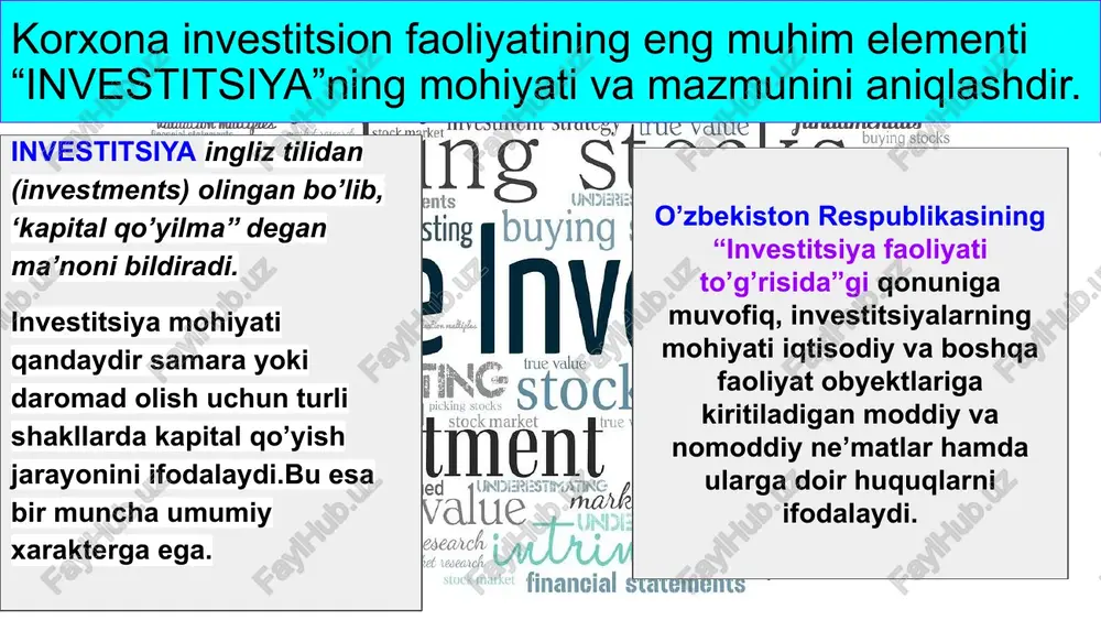 i sotib olish yoki o’rnatishda foydalaniladi. korxonada investitsion faoliyatning bosh rejasi investitsion faoliyat muhim yo’nalishlarini aniqlash investitsion faoliyat shakllarini tanlash korxona investitsion resurslarini shakllantirish tavsifi korxona uzoq muddatli investitsion maqsadlarini amalga oshirish bosqichlarining ketma ketligi investitsion faoliyat yo’nalishlari va shakllari bo’yicha korxonaning investitsion aktivligi imkoniyatlari chegaralari investitsion faoliyatni modellashtirish, amalga oshirish va baholashning rasmiymezonlari tizimi 1.bir martalik investitsiyalar- bir martalik mahsulotni chiqarishga yo’naltirilgan. 2.takroriy investitsiyalar- kapital sarfi hamda mahsulot sihalab chiqarish bir bir vaqtda 3.bir martalik investitsiyalar - ishlab chiqarishni takroran hosil qiladi. kiritilgan mablag’larni joriy etish vaqti va natijalardan foydalanish nuqtai-nazaridan investitsiyalash jarayonini ifodalaydi. investitsiyalar majburiy joriy qilinish darajasi bo’yicha quyidagicha tasniflanadi: hukumat investitsiyalar- korxonalar mavqeini qo’llab quvvatlashga yo’naltirilgan. xavf-xatardan himoyalanishga sarflanadigan investitsiyalar- kompleks mahsulot va xomashyolarni sotib olishdagi xavfni kamaytirish tezkor investitsiyalar- (nou-xou,ilmiy yangiliklar uchun) yangi texnik va texnologik imkoniyatlarni izlash va texnik taraqqiy etish yo’naltirilgan ijtimoiy investitsiyalar- korxona jamoasi mahnat sharoitlarini yaxshilashga yo’naltirilgan majburiy investitsiyalar- umumdavlat manfaatlariga …