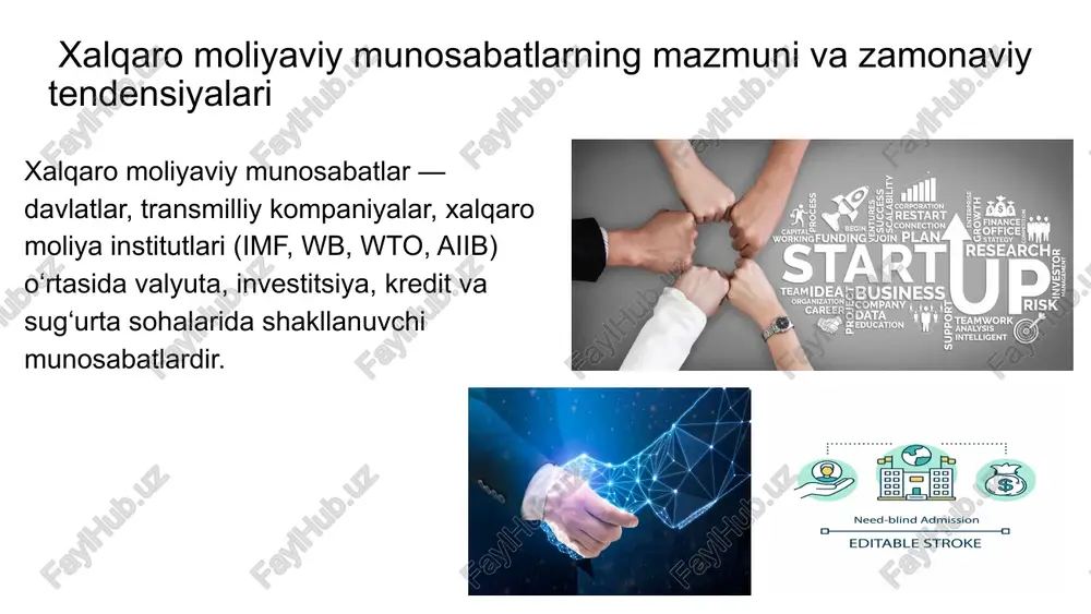lockchain asosidagi xalqaro tranzaksiyalar (ripplenet kabi) an’anaviy bank tizimlariga nisbatan tezroq va arzonroq. o‘zbekiston misolida: 2024-yil holatiga ko‘ra, o‘zbekiston 60 dan ortiq xalqaro moliyaviy institutlar va xorijiy banklar bilan hamkorlik qilmoqda. masalan, asian development bank (adb) bilan 2023-yilda $1 milliardlik infratuzilma kredit shartnomasi imzolangan. image1.jpg image4.jpg image7.jpg image19.jpg image15.jpg image2.jpg image13.jpg image3.jpg image5.jpg image24.jpg image10.jpg image12.jpg image16.jpg image11.jpg image6.jpg image8.jpg image21.jpg image18.jpg image17.jpg image9.jpg image20.jpg image23.jpg image14.jpg image22.jpg