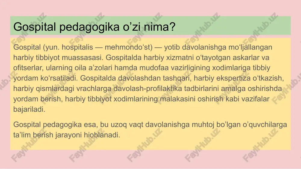 lim beriladi. dars mashg'ulotining davomiyligi boshlang'ich ta‘lim: 1–4 sinflarida – 35 daqiqani tashkil etadi. bunda bir kunlik dars mashg‗ulotlari 3 soatdan bo'lib, o'quv haftasi davomiyligi esa 5 kunlik asosida olib boriladi. darslar o'quvchining umumiy holatidan kelib chiqib, yakka(individula) tartibda yoki guruh(sinf)da tashkil qilinadi boshlang'ich 1 sinflarda 1- yarim yillikda alifbe,yozuv, matematika, tabiiy fan va ingliz tili, 2-yarim yillikda esa ona tili va o'qish savodxonligi matematika, tabiiy fan, rus tili hamda ingliz tili fanlari o'tiladi. 2-3-sinflarda ham ona tili va o'qish savodxonligi matematika, tabiiy fan, rus tili hamda ingliz tili fanlari o'tiladi. 4-sinflarda esa ona tili, matematika, rus tili ingliz tili va tabiatshunoslik fanlari o'tiladi. e’tiboringiz uchun rahmat! image2.jpg image11.jpg image6.jpg image4.jpg image3.jpg image9.jpg image7.jpg image13.png image8.jpg image5.jpg image1.jpg image10.jpg