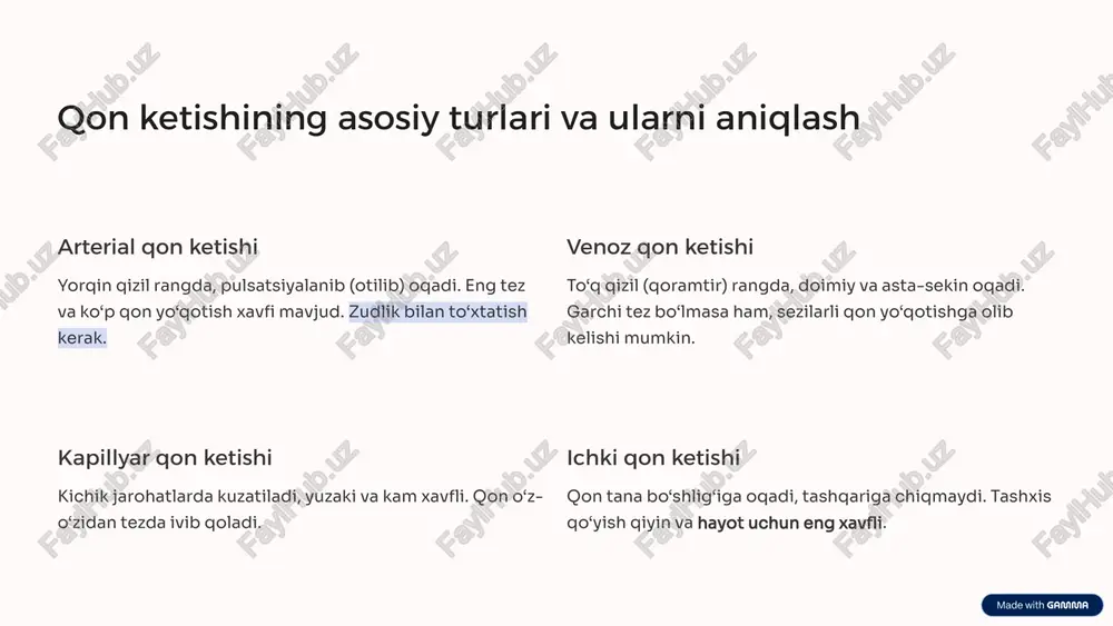 yuz berishi mumkin. agar ichki qon ketishiga shubha tug‘ilsa, jabrlanuvchini darhol kasalxonaga yetkazish zarur – bu holatda har bir soniya muhim. tez yordam chaqirish va jabrlanuvchini yotqizish shoshilinch yordam chaqiring vaziyatni aniq va xotirjamlik bilan tushuntiring. ularning kelishini kutayotganingizni unutmang. shok holatini oldini olish jabrlanuvchini yotqizing va oyoqlarini taxminan 30 sm ga ko‘taring (agar shikastlanish bo‘lmasa). bu miya va hayotiy organlarga qon oqimini yaxshilaydi. tinchlantirish va kuzatish jabrlanuvchini tinchlantirishga harakat qiling. qon ketish joyiga bosimni davom ettiring va uning holatini doimiy kuzatib boring. xulosa qon ketishini to‘xtatish – hayotni saqlash kaliti bilim muhim qon ketishining turlarini va birinchi yordam ko‘rsatish usullarini bilish har bir inson uchun zaruriy ko‘nikma. tezkorlik to‘g‘ri va tezkor yordam ko‘rsatish jabrlanuvchining hayotini saqlab qolish imkoniyatini keskin oshiradi. professional yordam har doim shoshilinch tibbiy yordamga murojaat qilishni va to‘xtatilgan qon ketishi holatida ham shifokor ko‘rigidan o‘tishni unutmang. sizning harakatingiz kimningdir hayotini o‘zgartirishi mumkin. image1.png image2.png image3.png image4.png …