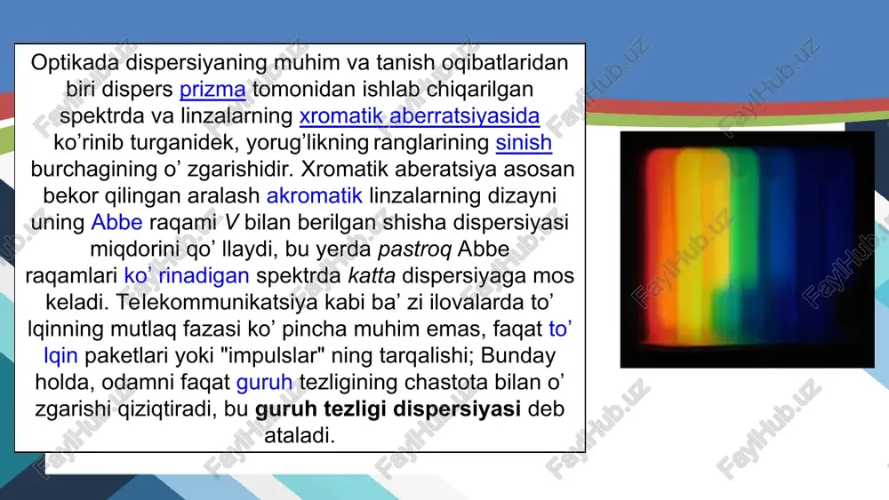 177 000 km/s. vakuumda yorug‘lik dispersiyasi bo‘lmaydi, chunki unda hamma yorug‘lik to‘lqinlari bir xil tezlik bilan tarqaladi. 1807-yilda ingliz fizigi tomas yung qizil, yashil va zangori ranglarni kombinatsiyalab, oq rangni olish mumkinligini isbotlaydi. shuningdek, qizil, yashil va zangori ranglarni kombinatsiyalab, boshqa ranglarni olish mumkin (3-rasm). qizil, yashil va zangori ranglarni yung birlamchi nurlar deb ataydi. shu birinchi ranglarning birortasini boshqa hech qanday ranglarning kombinatsiyasidan olish mumkin emas. buni ekranga qizil, yashil va zangori rangli yorug‘likni tushirib oson tekshirish mumkin. barcha uchta rang birlashgan yoki qo‘shilgan joyda oq rang hosil bo‘ladi. qizil rang bilan zangori rang qo‘shilganda–qoramtir; qizil va yashil rang qo‘shilganda sariq rang yuzaga keladi. e’tiboringiz uchun rahmat!