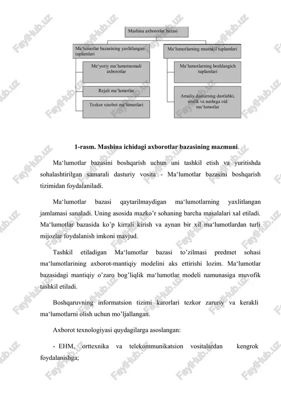‘lumotlar bazasi administratori, amaliy dastur taminlovi. ma‘lumotlar bankining boshqarish tizimini vazifalashtirish, ma‘lumotlar bazasini ikki xil darajada tashkil qilishga asoslangan: -mantiqiy -jismoniy. ma‘lumotlarning mazko’r ikki darajasi ma‘lumotlarni tashkil qilishning ikki omiliga to’g’ri keladi: ehm xotirasida ma‘lumotlarni saqlashga jismoniy nuqtai-nazardan ma‘lumotlarni amaliy ilovalarida foydalanishda mantiqiy nuqtai nazaridan. umumiy holatda ma‘lumotlarni tashkil qilishning jismoniy va mantiqiy strukturalarini mos kelmasligi ham mumkin. ma‘lumotlarni boshqarish vositalarining rivojlanishi axborot texnologiyalari bazasiga ko’rilgan har qanday axborot tizimining asosi hisoblanadi. ma‘lumotlar bazasi (date base)– bu ehm ning tashqi xotirasida saqlanadigan har qanday jismoniy, ijtimoiy, ststistiq tashkiliy va boshqa ob‘ektlar, jarayonlar, holatlarning o’zaro bog’liq va tartiblashtirilgan majmuidir. ma‘lumotlar bazasi (mb) har xil foydalanuvchilarning axborot yetishmovchiligini ta‘minlash uchun mo’ljallangan. amaliyotda ko’pchilik ma‘lumotlar bazasi chegaralangan predmet sohasi uchun loyxalashtiriladi. bitta ehm da bir qancha ma‘lumotlar bazasi birlashishi mumkin. ma‘lumotlar bazasini boshqarish tizimining shunday imkoniyatlarini, ya‘ni ma‘lumotlar sirliligi va ximoyalanishi ta‘minlash, inkordan keyin ma‘lumotlar bazasining tiklanishi, ma‘lumotlar bazasi bilan ishlashda hisob yuritish …