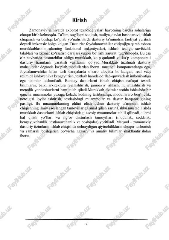 yaratish uchun oddiy kod yozishdan tashqari, to‘g‘ri arxitektura tuzish, tizim xavfsizligini ta’minlash, foydalanuvchilar ehtiyojini chuqur o‘rganish va test strategiyalarini ishlab chiqish talab etiladi. bu esa jarayonni nafaqat dasturlash, balki tizimli yondashuv darajasiga olib chiqadi.murakkab tizimlarning yaratilishida blokli — iyerarxiyali yondashuv.murakkab tizimlarning ko‘pchiligi tabiatdagi kabi, texnikada ham iyerarxiyali ichki tuzilishga ega. bu odatda, murakkab tizimlar elementlarining aloqalari ham turi, ham kuchi bo‘yicha turliligi bilan bog‘liq, bu o‘z navbatida,shu tizimlarni o‘zaro bog‘liq kichik tizimlar qandaydir majmuasi sifatida qarash imkonini beradi. bunday kichik tizimlar elementlarining ichki aloqalari kichik tizimlar o‘rtasidagi aloqalardan kuchliroq. masalan, kompyuter protsessor, xotira va tashqi qurilmalardan iborat. quyosh tizimiga esa, quyosh va uning atrofida aylanuvchi sayyoralar kiradi. o‘z navbatida, aloqalarning shu farqidan foydalanib, har bir kichik tizimni yanada kichik tizim larga bo ‘lish mumkin va shu tariqa eng quyi «elementar» darajagacha davom ettirish mumkin, shu bilan birga, komponentlarni elemental' deb hisoblanishi kerak bo‘lgan darajani tanlash imkoniyati tadqiqotchiga beriladi. elementar darajada …