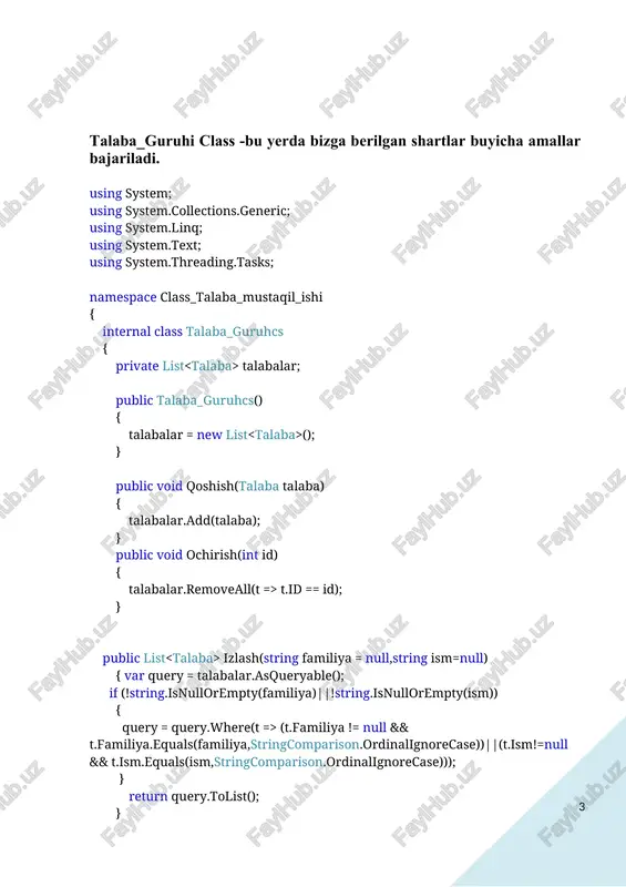 ba muvaffaqiyatli o'chirildi."); yangiroyxat(); } else { messagebox.show("iltimos, to‘g‘ri id kiriting."); } } private void tartiblash_button_click(object sender, eventargs e) { guruh.tartiblash(); messagebox.show("talabalar familiya bo'yicha tartiblandi."); yangiroyxat(); } private void txt_id_keypress(object sender, keypresseventargs e) { if (char.isdigit(e.keychar) || char.iscontrol(e.keychar)) { e.handled = false; } else { e.handled = true; } } har bir text_box uchun kiritilishi kerak bulgan ma’lumotga qarab yoziladi private void txt_id_keypress(object sender, keypresseventargs e) { if (char.isdigit(e.keychar) || char.iscontrol(e.keychar)) { e.handled = false; } else { e.handled = true; } } konstruktorning ko’rinishi qiriruv so’rovini amalga oshiramiz natija: 2-mustaqil ishi.vorislik 9.natural sonlarning ikkita to‘plamini yaratish, chop qilish amallarinin o‘z ichiga olgan tuplam_ab sinfi yaratilsin. to‘plam ustida asosiy amallarni – to‘plamga yangi element qo‘shish va o‘chirish, tuplamlar keshishmasini, birlashmasini, hamda ayirmasini bajaradigan funksiyaa‘zolari bo‘lgan tuplam_amallari sinfi tuplam sinfi vorisi qilib aniqlansin. asosiy class tuplam-bu class int turidagi ro’yhatlarga tuplamning elementini qo’shadi va o’chiradi namespace vorislik_mustaqil_ishi { internal class tuplam …
