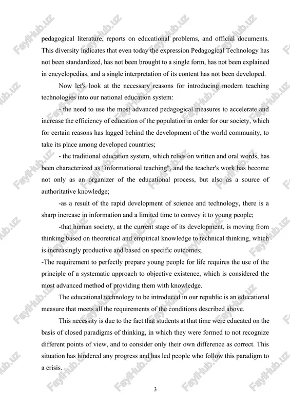 educational measure that meets all the requirements of the conditions described above. this necessity is due to the fact that students at that time were educated on the basis of closed paradigms of thinking, in which they were formed to not recognize different points of view, and to consider only their own difference as correct. this situation has hindered any progress and has led people who follow this paradigm to a crisis. our society is developing rapidly, its economic and political position is increasing day by day. however, in the social sphere, and especially in education, there is a noticeable slowdown and lagging behind in general development. one of the ways out of this situation is the technologization of the educational process on the basis of the national program for personnel training and state educational standards adopted by the oliy majlis of the republic of uzbekistan. research has always been …