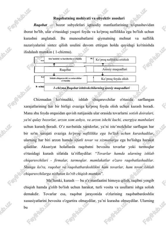 asi; 5)taqsimlash vazifasi; 6)nazorat qilish vazifasi. iqtisodiy adabiyotlarda bir tarmoq ichidagi raqobatning to'rt shakli alohida ajratilib ko'rsatiladi. bular erkin raqobat, monopolistik raqobat, monopoliya va oligopoliyadir. hozirda turli darajadagi monopolistik tuzilmalar rivojlanib borishi bilan ular o'rtasidagi raqobatning shakllari ham turli ko'rinishlarda namoyon bo lmoqda. jumladan, turli monopollashuv darajasidagi tuzilmalar o'rtasida mavjud bo'lishiga ko'ra quyidagi raqobat turlarini ajratib ko'rsatish mumkin: 1) monopollashmagan korxonalar o'rtasidagi raqobat; 2) monopoliyalar hamda monopolistik birlashmalarga kirmagan ishlab chiqaruvchilar o'rtasidagi raqobat; 3) turli monopoliyalar o'rtasidagi raqobat; 4) monopolistik birlashmalarning o'zini ichidagi raqobat. o'z miqyosiga ko'ra raqobat ikki turga-tarmoq ichidagi va tarmoqlararo raqobatga bo'linadi. shuningdek, iqtisodiy adabiyotlarda g'irrom va halol raqobatlashuv usullari ham ajratib ko‘rsatiladi. raqobatlashuvning noan’anaviy, jamiyat tomonidan e ’tirof etilmagan, ijtimoiy ahloq qoidalari doirasidan chetga chiquvchi, noiqtisodiy (ya’ni jismoniy kuch ishlatish, majburlash, raqiblarning obro'siga putur yetkazish va h.k.) usullaridan foydalanish g'irrom raqobat deb yuritiladi. g‘irrom raqobat orqali firmalar o‘z raqiblarining tarmoqqa kirib kelishini tajovuzkorona va shafqatsiz bartaraf …