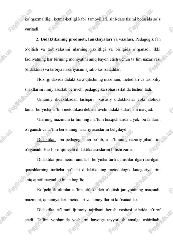 inlabgina qolmay, shaxs xususiyati, uning rivojlanishi, ma’lum ma’naviy-axloqiy sifatlarni o’zlashtirishi, fe’l-atvori, xulqini tarbiyalash uchun zarur shart-sharoitni yaratishdan iborat. didaktikaga ta’limning mazmunli va protsessual jihatlarini birgalikda o’rganish xosdir. amaliyotni qayta tashkil etish va takomillashtirish masalalarini nazarda tutgan holda didaktika ta’limni faqatgina o’rganish ob’ekti sifatidagina emas, balki ilmiy asoslangan loyihalashtirish ob’ekti sifatida qaraydi. umumiy didaktikaning predmeti dars o’tish (o’qituvchi faoliyati) va bilim olish (o’quvchining o’rganish faoliyati)ning o’zaro bog’liqligi va aloqadorligi hisoblanadi. didaktikaning vazifalari quyidagilardan iborat: - ta’lim jarayonlari va ularni amalga oshiri shartlarini ta’riflash va tushuntirish; - ta’lim jarayonini yanada mukammal tashkil etish, ya’ni, ta’lim tizimlari va texnologiyalarini ishlab chiqish; - ta’lim jarayoni uchun xos bo’lgan umumiy qonuniyatlarni aniqlash, omillarini tahlil qilish va ta’riflash. didaktika nazariy va bir vaqtning o’zida me’yoriy-amaliy fan. didaktikaning ilmiy-nazariy vazifasi ta’limning mavjud jarayonlarini o’rganish, uning turli jihatlari o’rtasidagi bog’liqliklar, ularning mohiyatini ochib berish, rivojlanish tendentsiyalari va kelajagini aniqlashdan iboratdir. o’zlashtirilgan nazariy bilimlar ta’lim amaliyotini yo’naltirish, ta’limini jamiyat …
